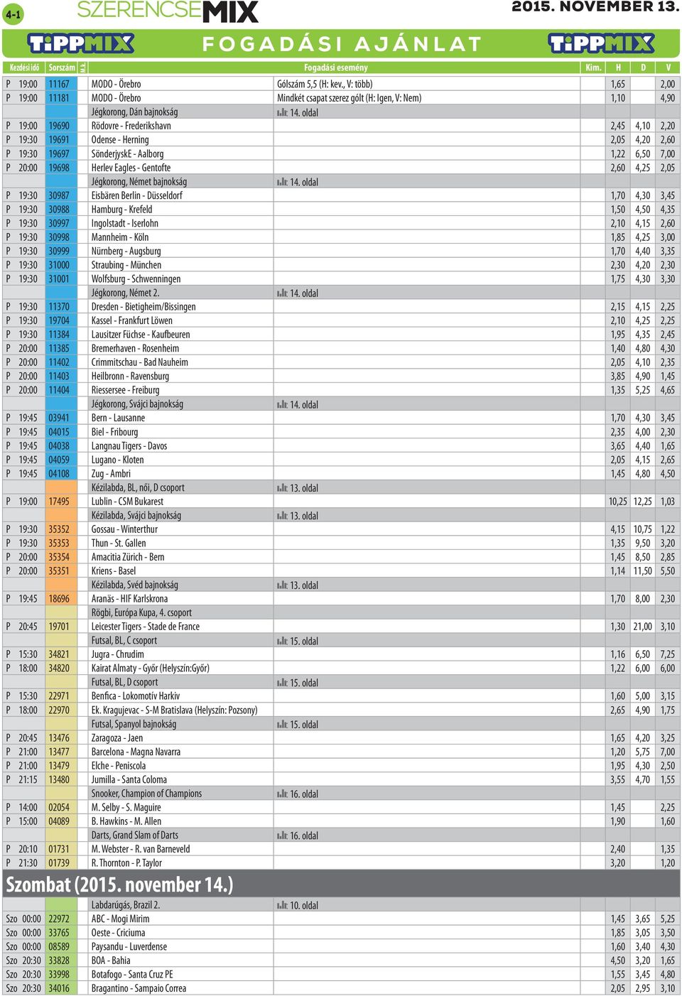 Odense - Herning 2,05 4,20 2,60 P 19:30 19697 SönderjyskE - Aalborg 1,22 6,50 7,00 P 20:00 19698 Herlev Eagles - Gentofte 2,60 4,25 2,05 Jégkorong, Német bajnokság P 19:30 30987 Eisbären Berlin -