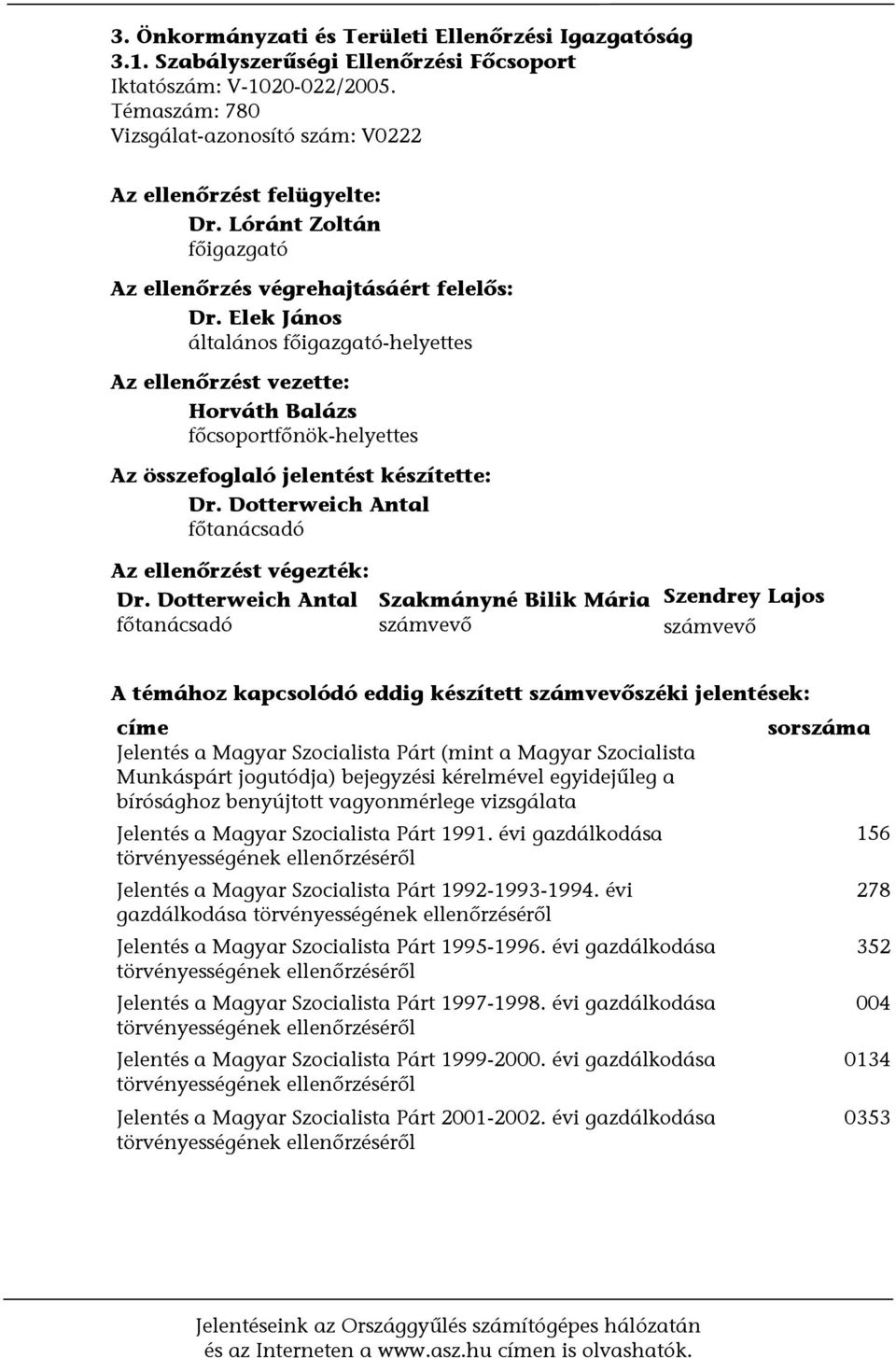 Elek János általános főigazgató-helyettes Az ellenőrzést vezette: Horváth Balázs főcsoportfőnök-helyettes Az összefoglaló jelentést készítette: Dr.