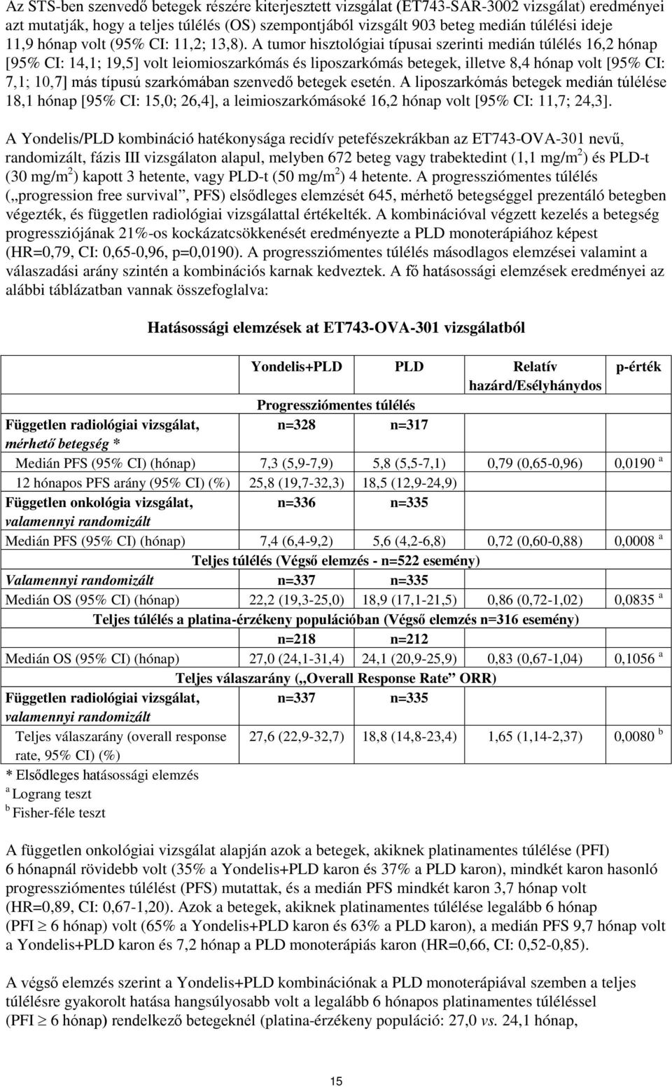 A tumor hisztológiai típusai szerinti medián túlélés 16,2 hónap [95% CI: 14,1; 19,5] volt leiomioszarkómás és liposzarkómás betegek, illetve 8,4 hónap volt [95% CI: 7,1; 10,7] más típusú szarkómában