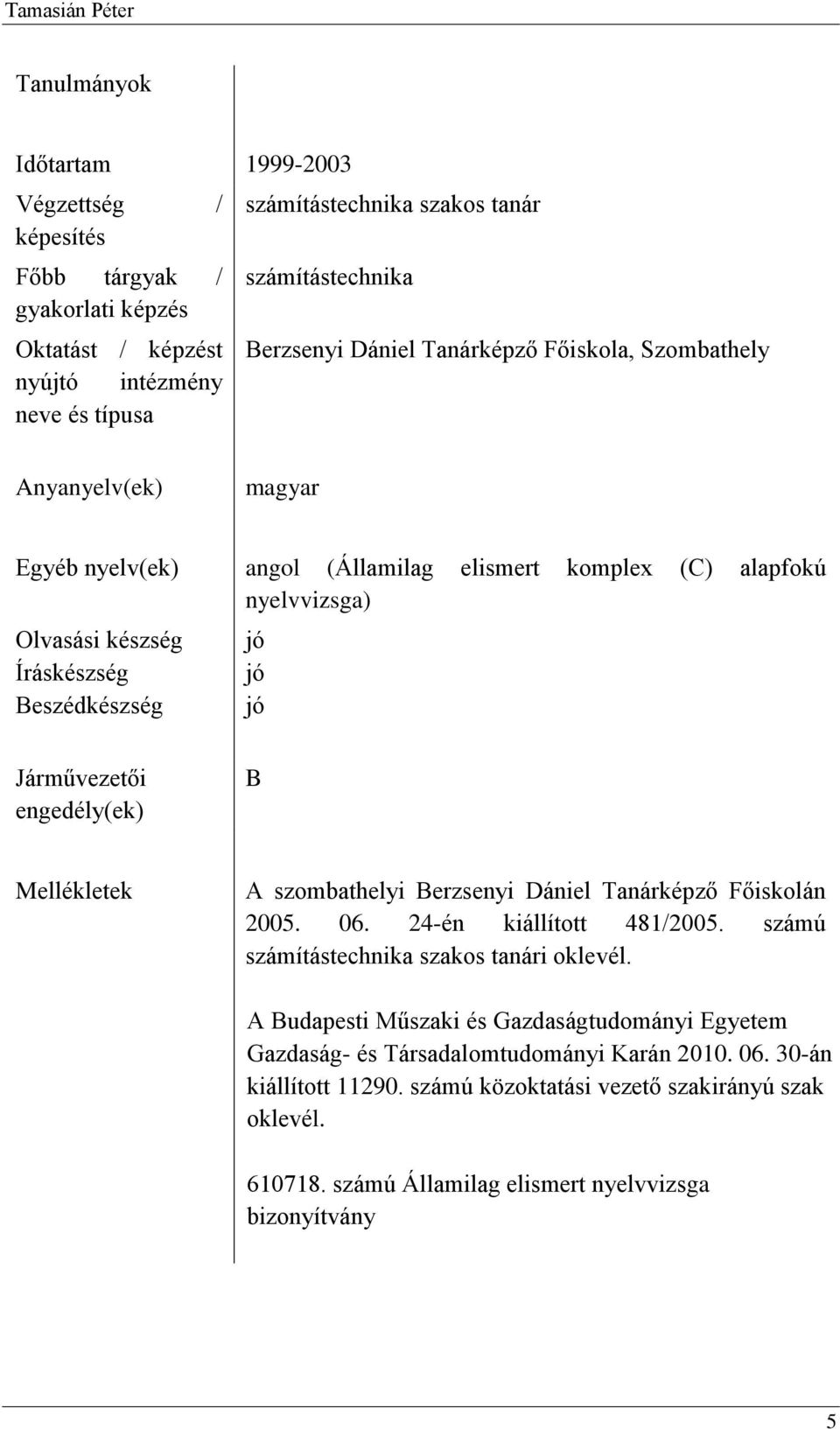 Járművezetői engedély(ek) B Mellékletek A szombathelyi Berzsenyi Dániel Tanárképző Főiskolán 2005. 06. 24-én kiállított 481/2005. számú számítástechnika szakos tanári oklevél.