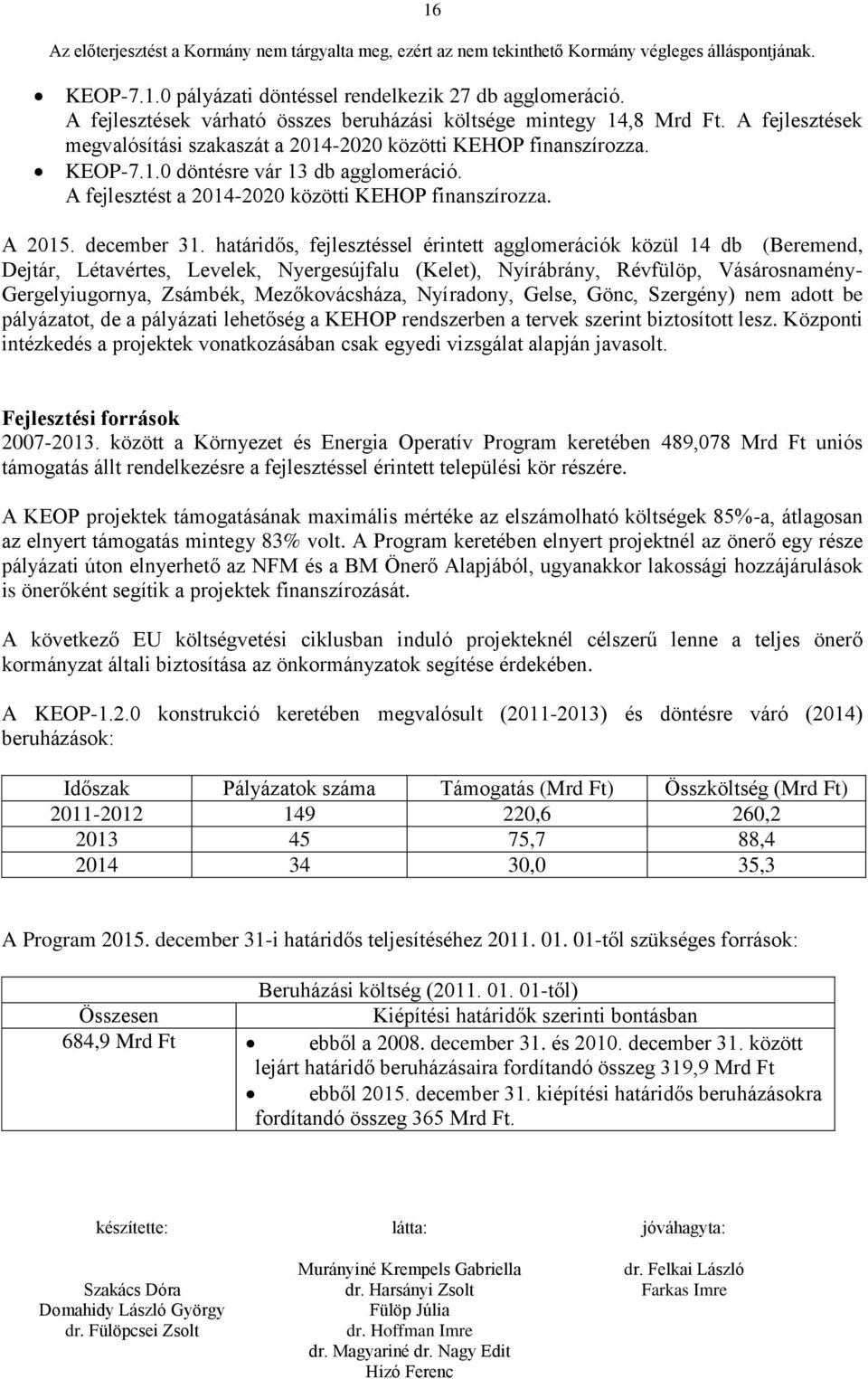 határidős, fejlesztéssel érintett agglomerációk közül 14 db (Beremend, Dejtár, Létavértes, Levelek, Nyergesújfalu (Kelet), Nyírábrány, Révfülöp, Vásárosnamény- Gergelyiugornya, Zsámbék,