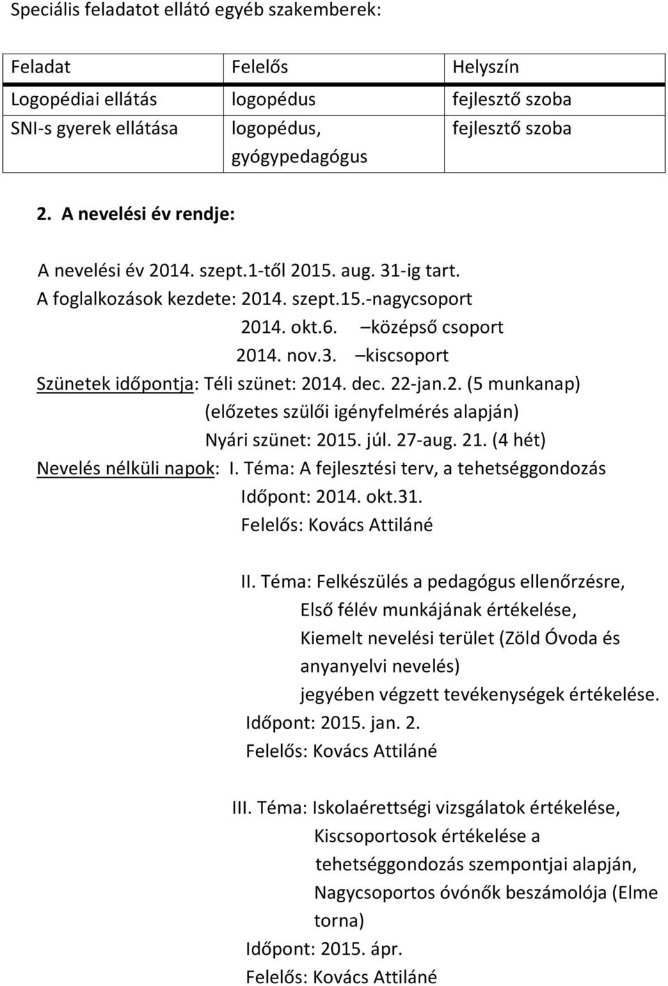 dec. 22-jan.2. (5 munkanap) (előzetes szülői igényfelmérés alapján) Nyári szünet: 2015. júl. 27-aug. 21. (4 hét) Nevelés nélküli napok: I. Téma: A fejlesztési terv, a tehetséggondozás Időpont: 2014.