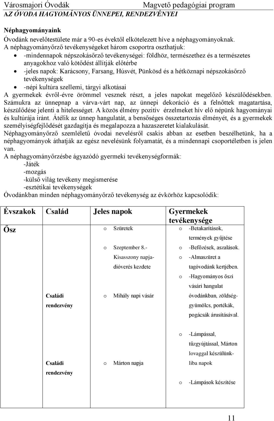 napok: Karácsony, Farsang, Húsvét, Pünkösd és a hétköznapi népszokásőrző tevékenységek -népi kultúra szellemi, tárgyi alkotásai A gyermekek évről-évre örömmel vesznek részt, a jeles napokat megelőző