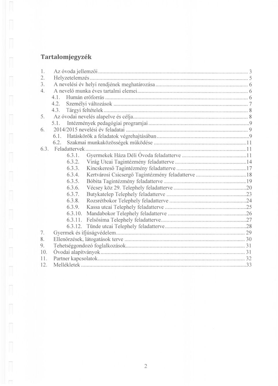 2014/2015 nevelési év feladatai.......... 9 6.1. Hatáskörök a feladatok végrehajtásában...................9 6.2. Szakmai munkaközösségek működése... ll 6.3. Feladattervek................. 11 6.3.1. Gyermekek Háza Déli Óvoda feladatterve.