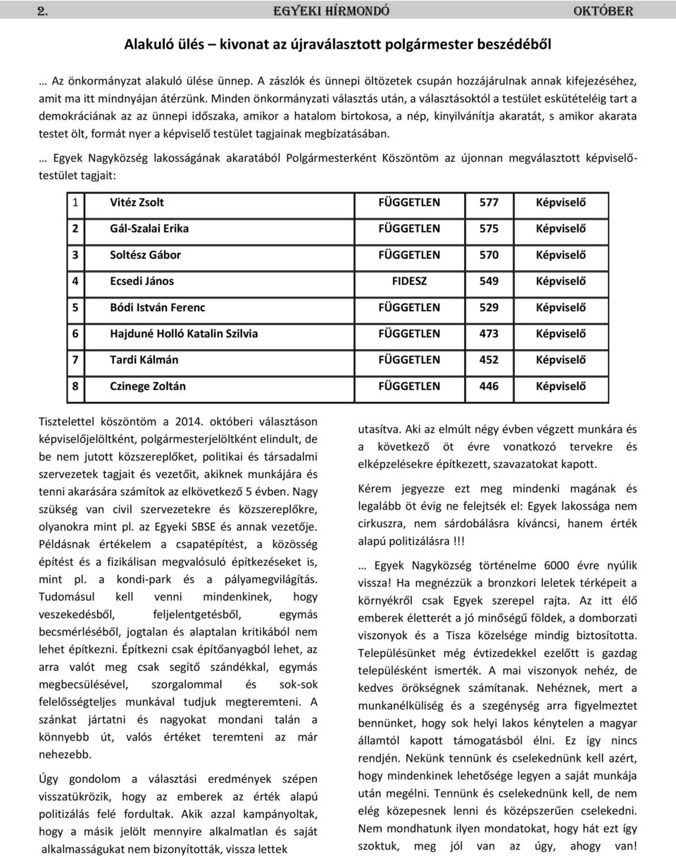 Minden önkormányzati választás után, a választásoktól a testület eskütételéig tart a demokráciának az az ünnepi időszaka, amikor a hatalom birtokosa, a nép, kinyilvánítja akaratát, s amikor akarata