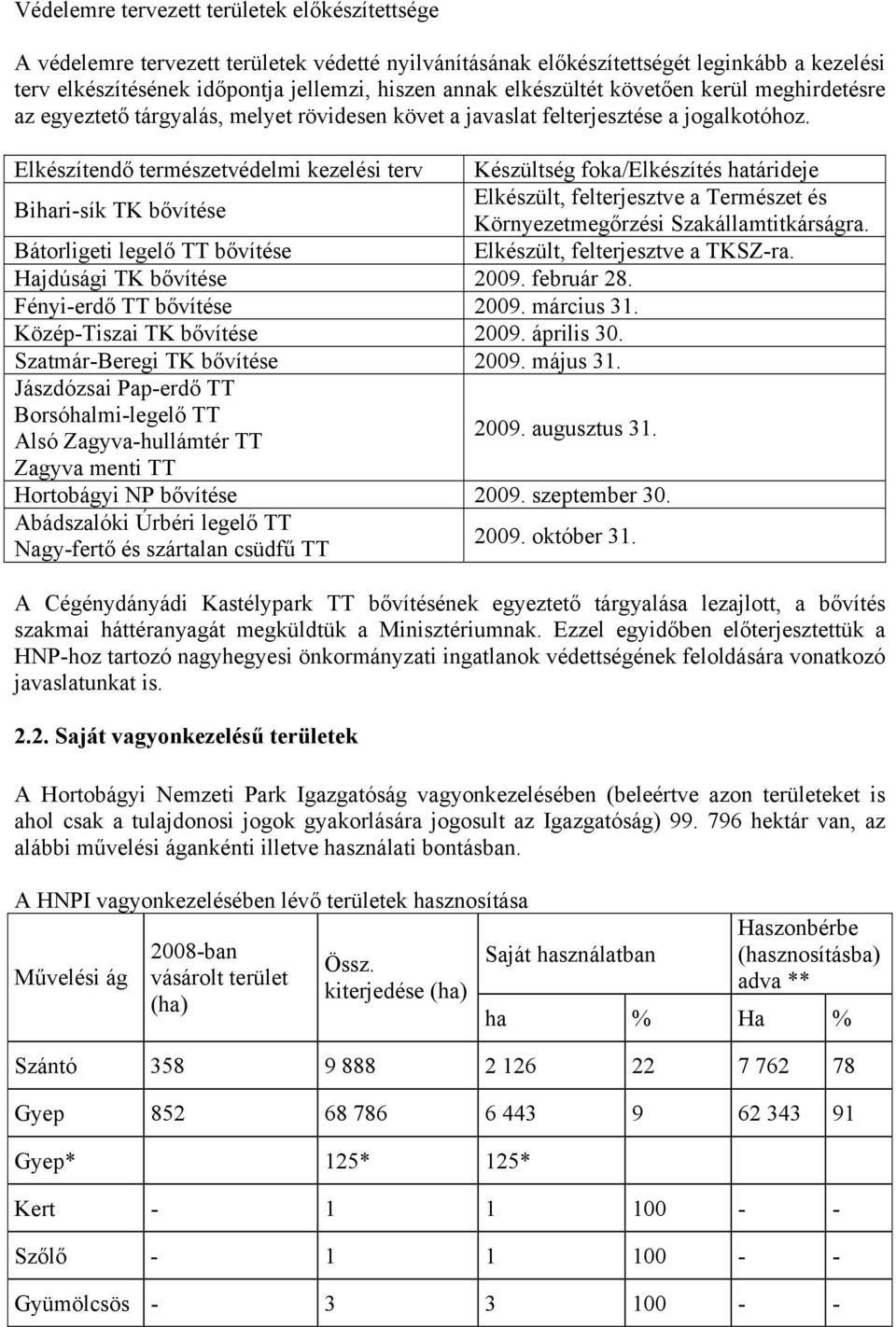 Elkészítendő természetvédelmi kezelési terv Bihari-sík TK bővítése Bátorligeti legelő TT bővítése Hajdúsági TK bővítése 2009. február 28. Fényi-erdő TT bővítése 2009. március 31.