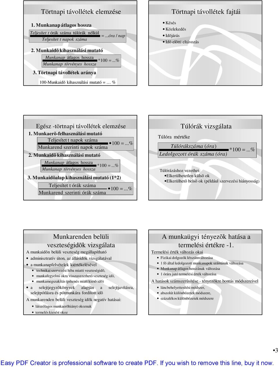 Törtnapi távollétek aránya Törtnapi távollétek fajtái Késés Közlekedés Idõjárás Idõ elõtti eltávozás 100-Munkaidõ kihasználási mutató = % Egész -törtnapi távollétek elemzése 1.