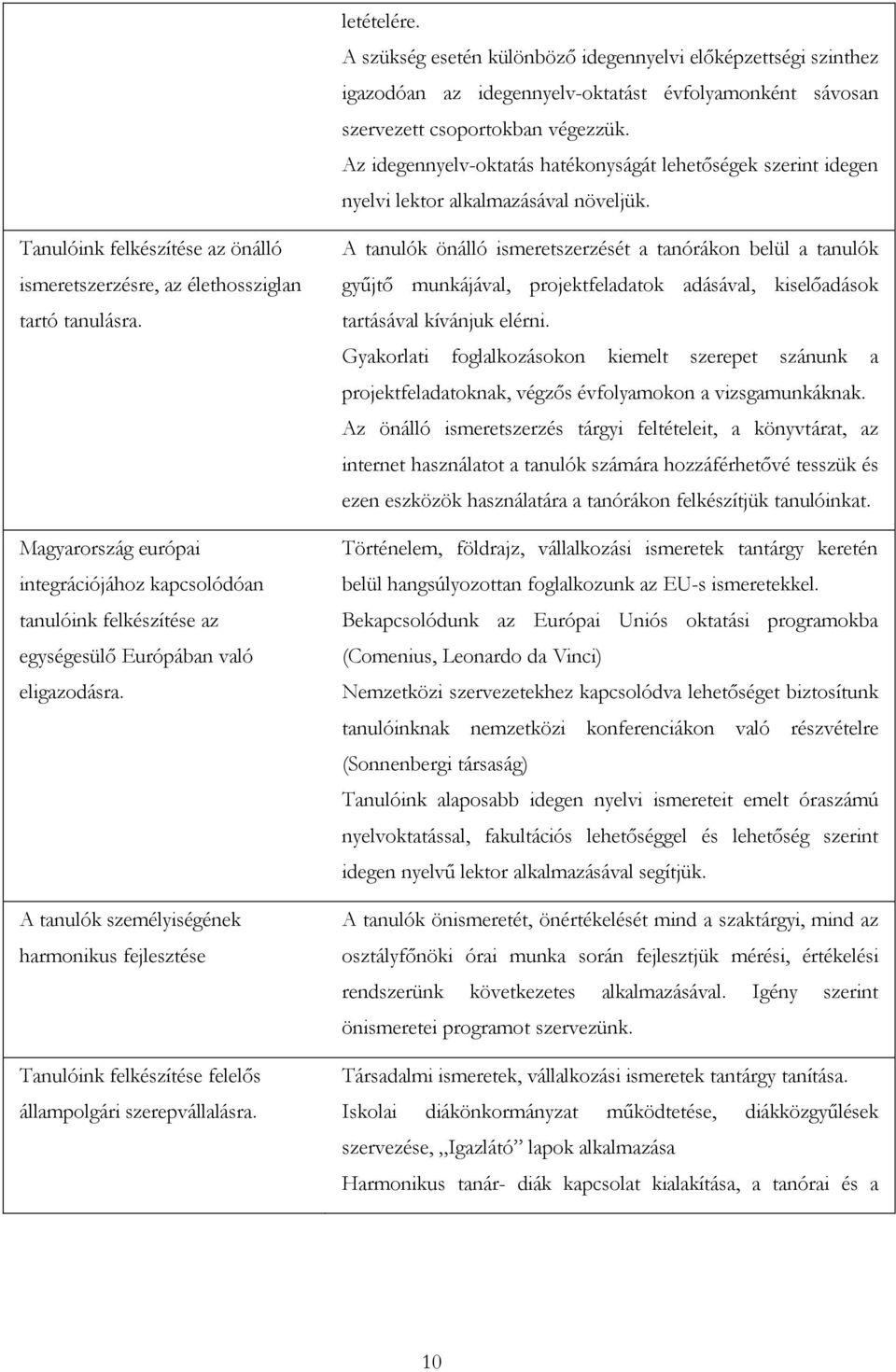 Magyarország európai integrációjához kapcsolódóan tanulóink felkészítése az egységesülő Európában való eligazodásra.