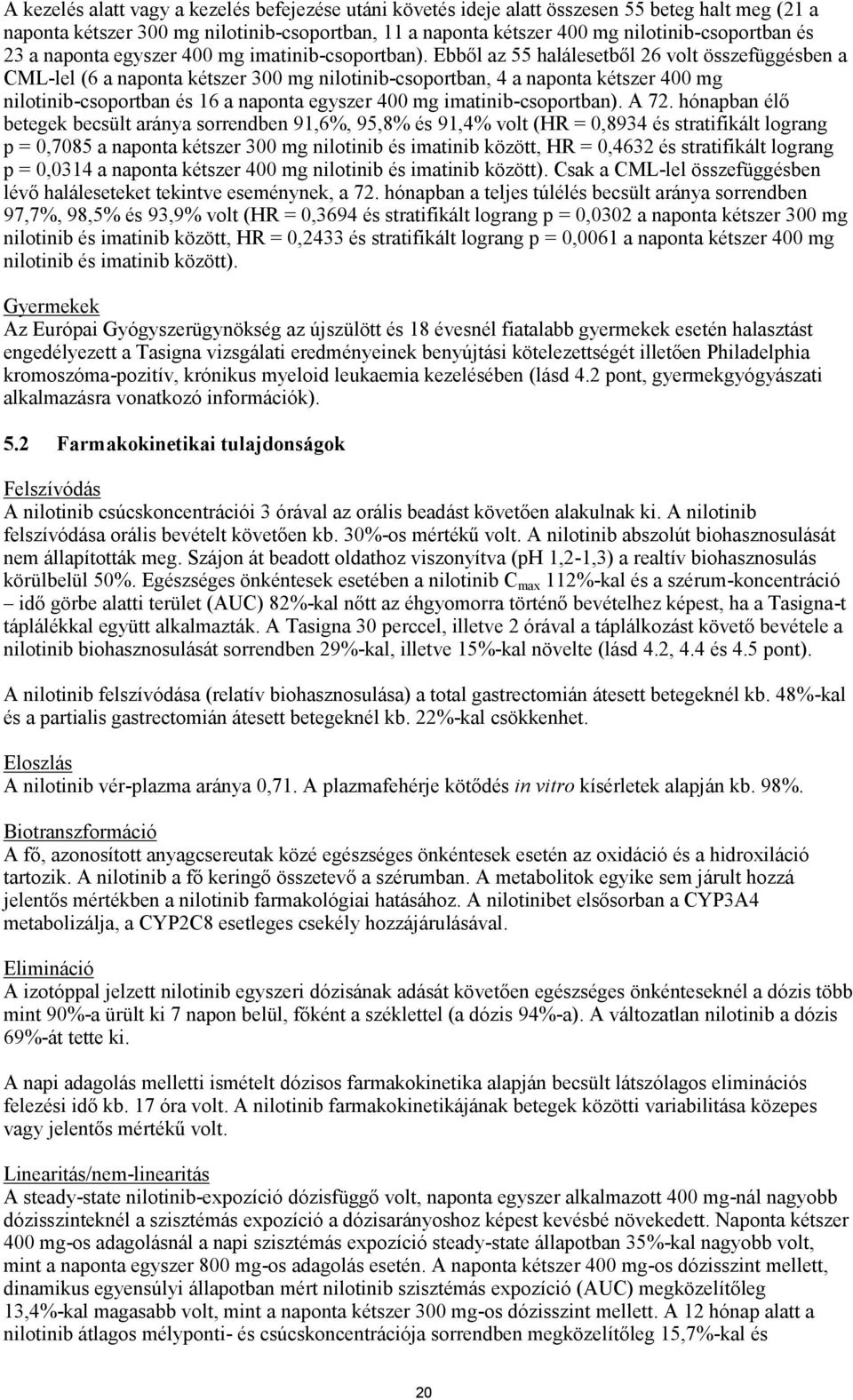 Ebből az 55 halálesetből 26 volt összefüggésben a CML-lel (6 a naponta kétszer 300 mg nilotinib-csoportban, 4 a naponta kétszer 400 mg nilotinib-csoportban és 16 a naponta egyszer 400 mg