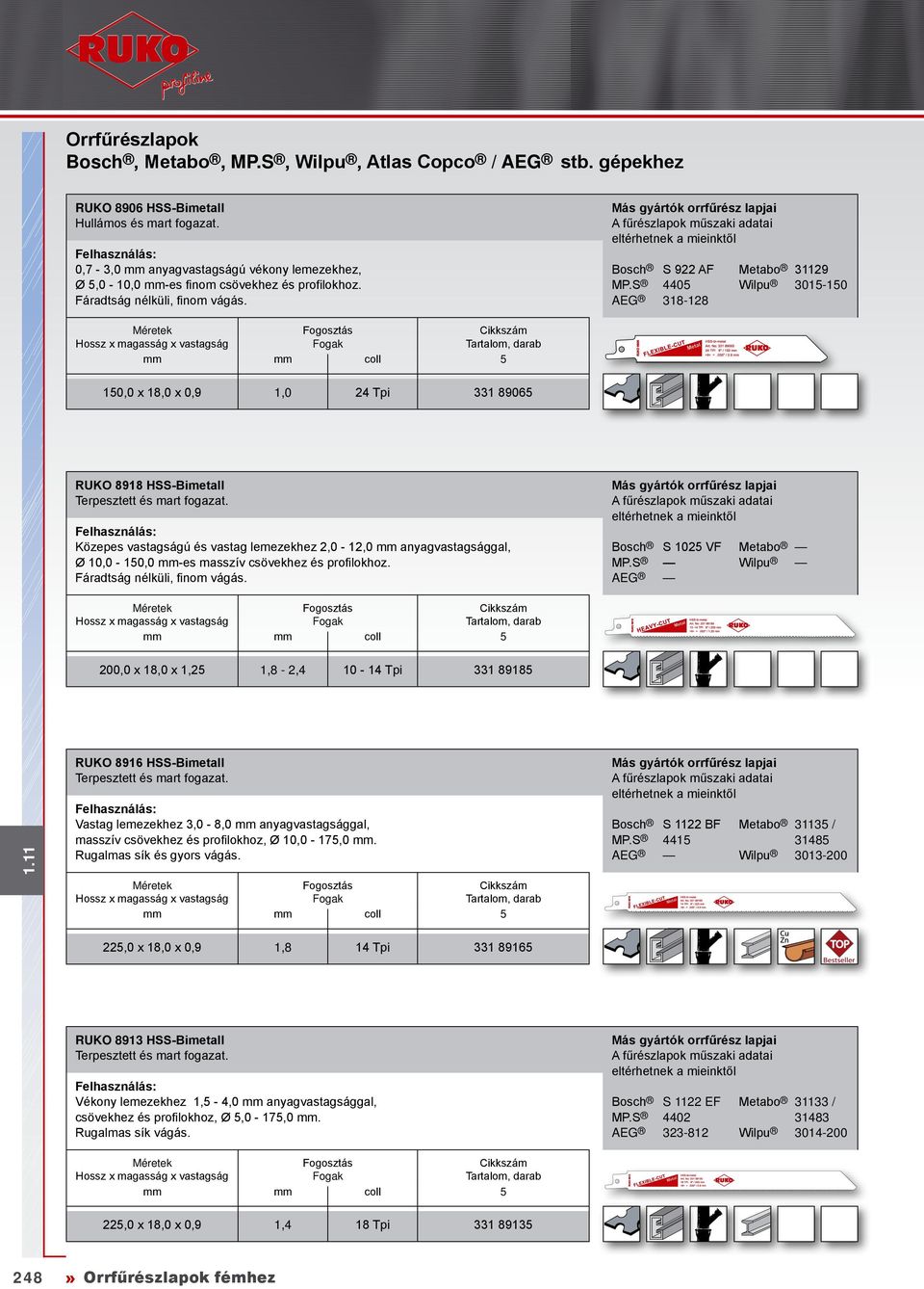 S 440 AEG 318-128 10,0 x 18,0 x 0,9 1,0 24 Tpi 331 8906 RUKO 8918 HSS-Bimetall Közepes vastagságú és vastag lemezekhez 2,0-12,0 anyagvastagsággal, Ø 10,0-10,0 -es masszív csövekhez és profilokhoz.