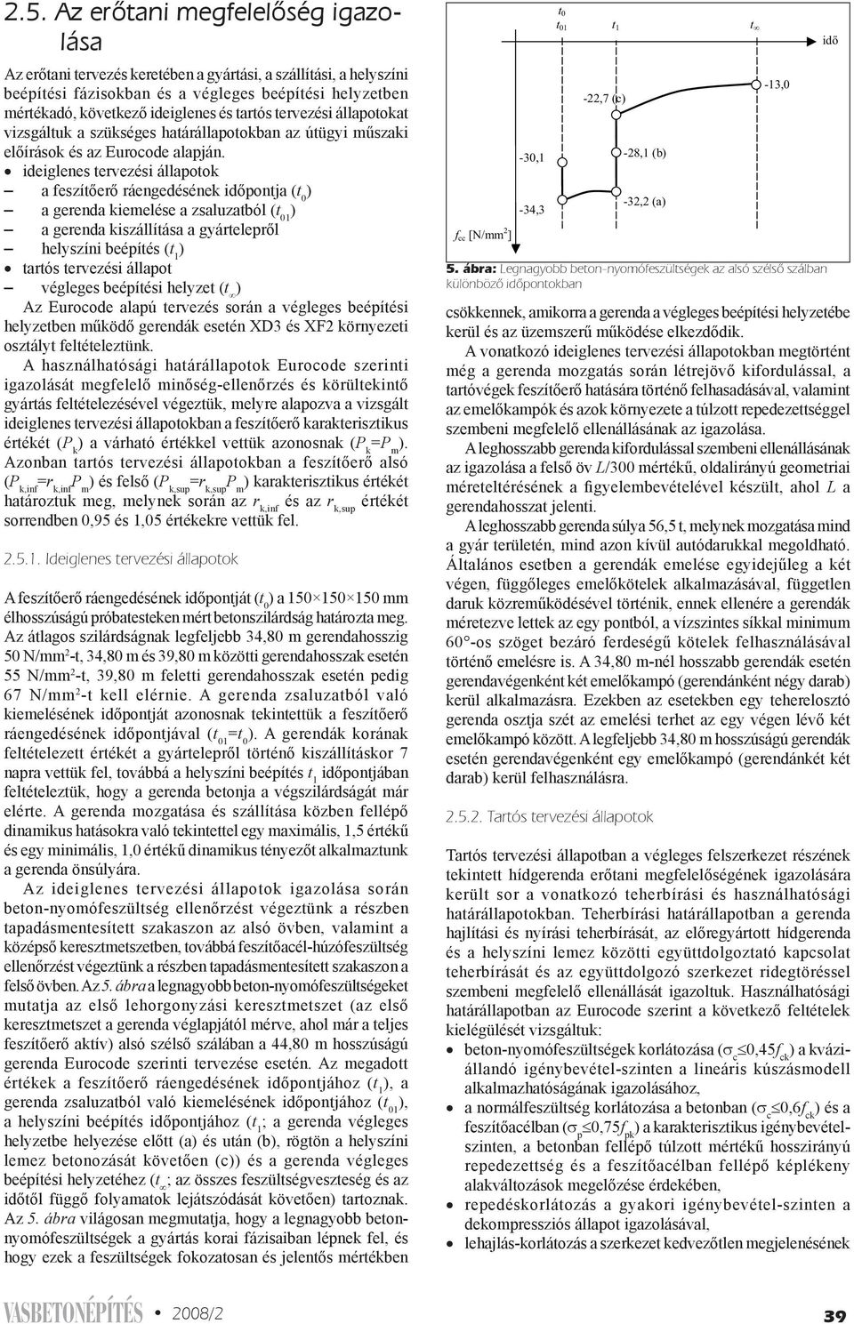 ideiglenes tervezési állapotok a feszítőerő ráengedésének időpontja ( t 0 ) a gerenda kiemelése a zsaluzatból ( t 01 ) a gerenda kiszállítása a gyártelepről helyszíni beépítés ( t 1 ) tartós