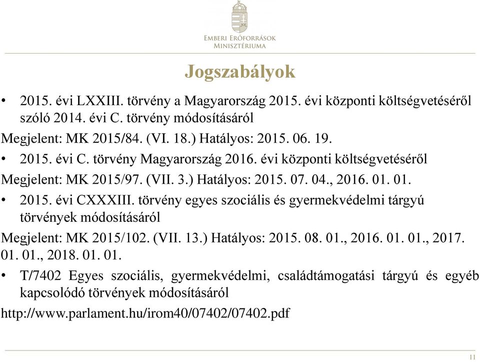 törvény egyes szociális és gyermekvédelmi tárgyú törvények módosításáról Megjelent: MK 2015/102. (VII. 13.) Hatályos: 2015. 08. 01., 2016. 01. 01., 2017. 01. 01., 2018.