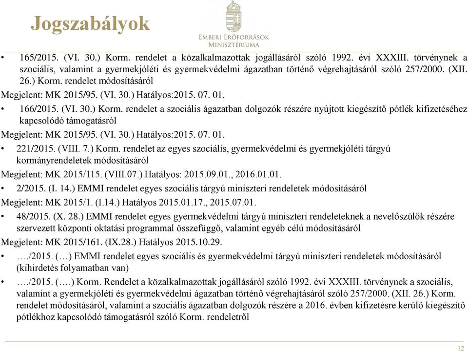 ) Hatályos:2015. 07. 01. 166/2015. (VI. 30.) Korm. rendelet a szociális ágazatban dolgozók részére nyújtott kiegészítő pótlék kifizetéséhez kapcsolódó támogatásról Megjelent: MK 2015/95. (VI. 30.) Hatályos:2015. 07. 01. 221/2015.