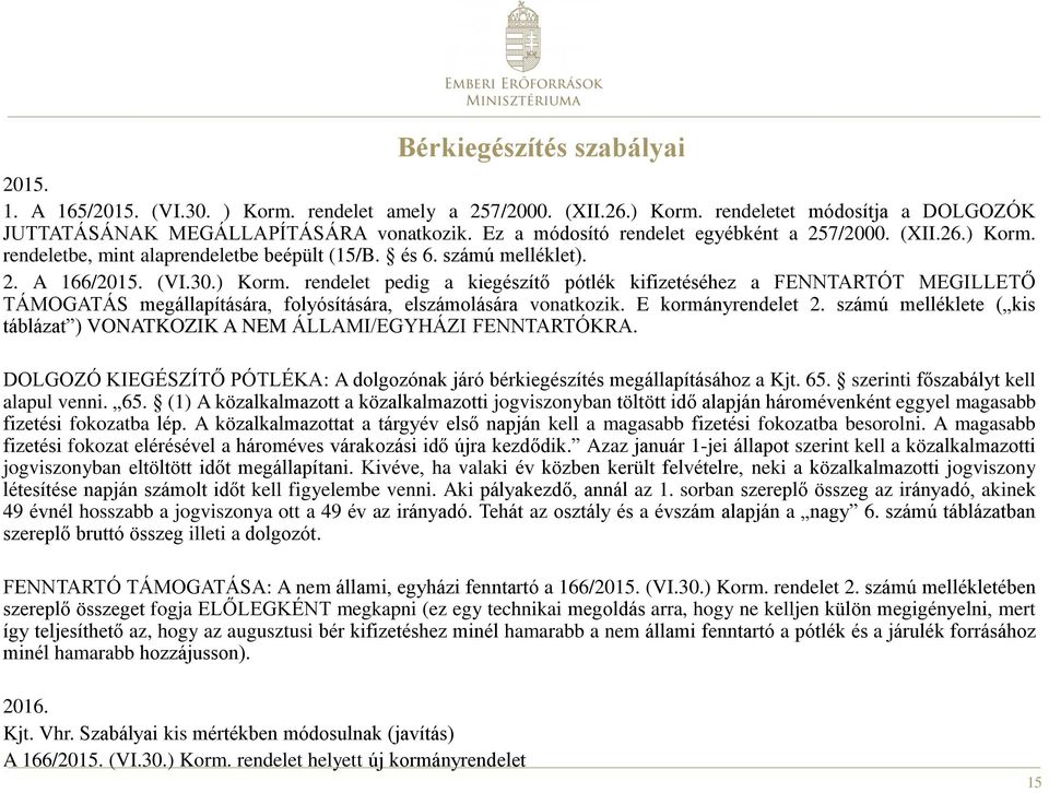 E kormányrendelet 2. számú melléklete ( kis táblázat ) VONATKOZIK A NEM ÁLLAMI/EGYHÁZI FENNTARTÓKRA. DOLGOZÓ KIEGÉSZÍTŐ PÓTLÉKA: A dolgozónak járó bérkiegészítés megállapításához a Kjt. 65.