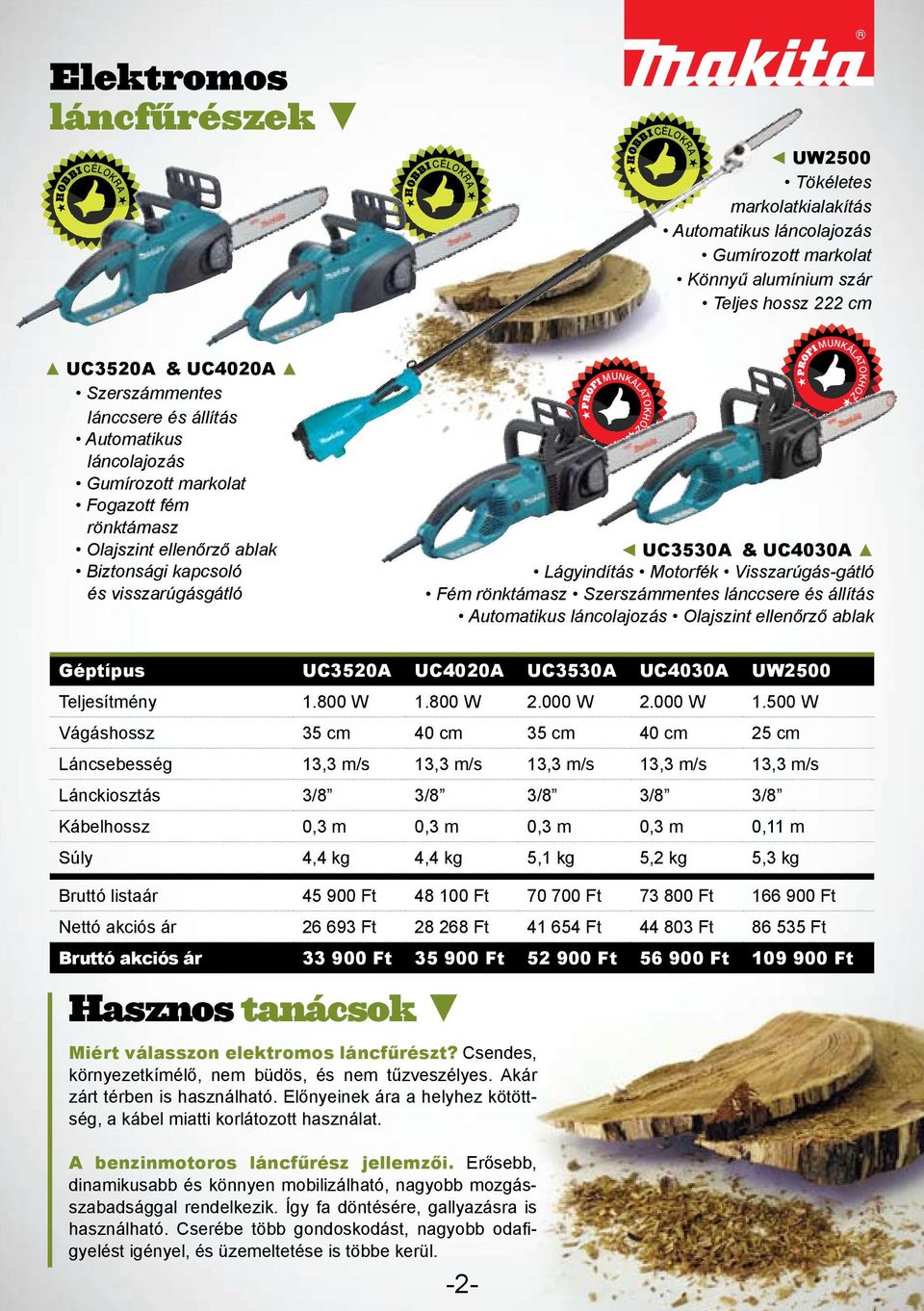 PROFI MUNKÁLATOKHOZ UC3530A & UC4030A Lágyindítás Motorfék Visszarúgás-gátló Fém rönktámasz Szerszámmentes lánccsere és állítás Automatikus láncolajozás Olajszint ellenőrző ablak Géptípus UC3520A