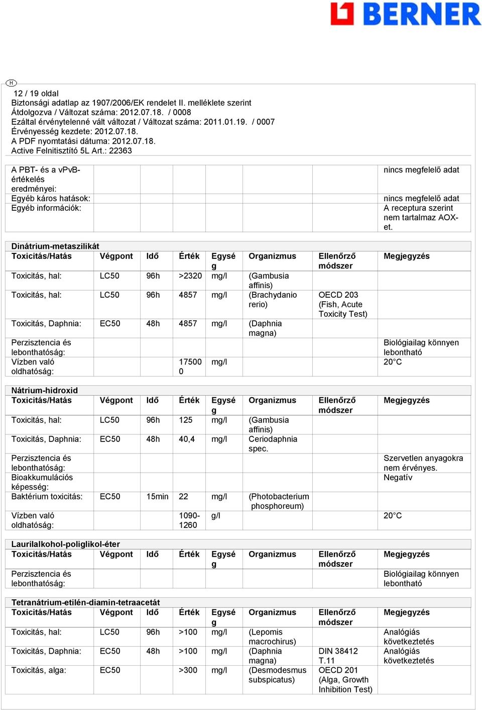 Nátrium-hidroxid Toxicitás/Hatás Végpont Idő Érték Egysé g Organizmus Toxicitás, hal: LC50 96h 125 mg/l (Gambusia affinis) Toxicitás, Daphnia: EC50 48h 40,4 mg/l Ceriodaphnia spec.
