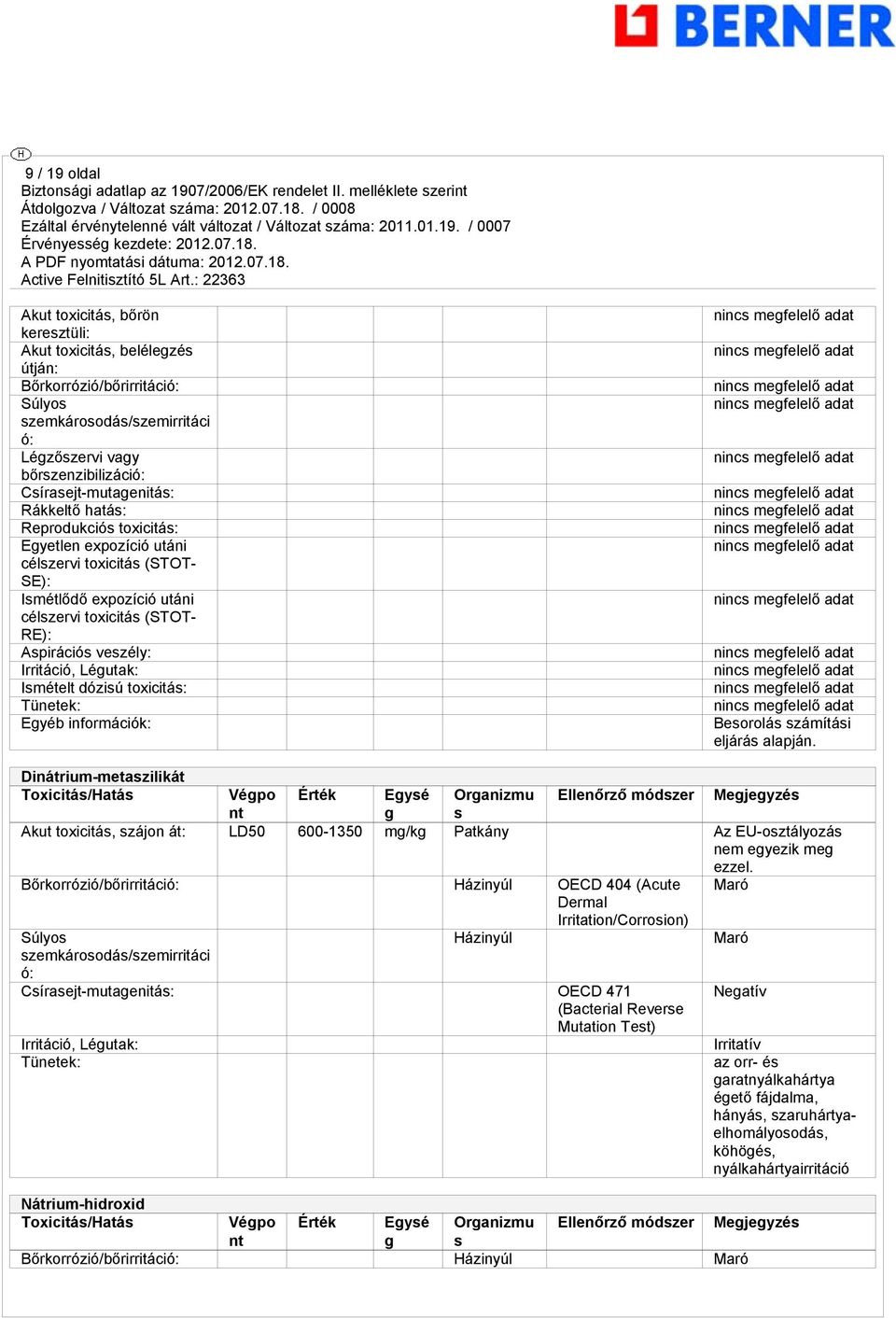 Irritáció, Légutak: Ismételt dózisú toxicitás: Tünetek: Egyéb információk: Besorolás számítási eljárás alapján.