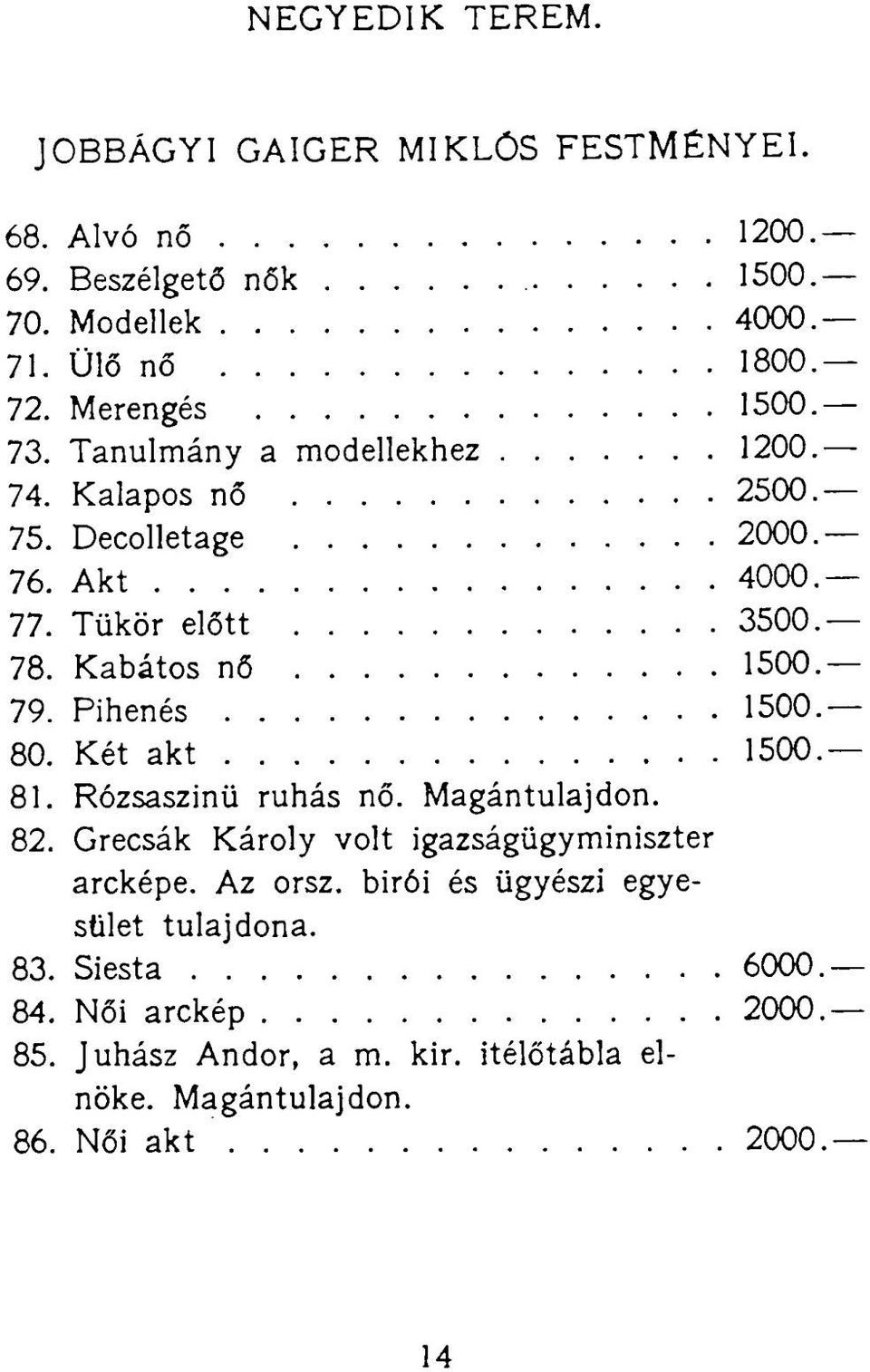 Kabátos nő 1500 79. Pihenés 1500-80. Két akt 1500 81. Rózsaszínű ruhás nő. Magántulajdon. 82. Grecsák Károly volt igazságügyminiszter arcképe.