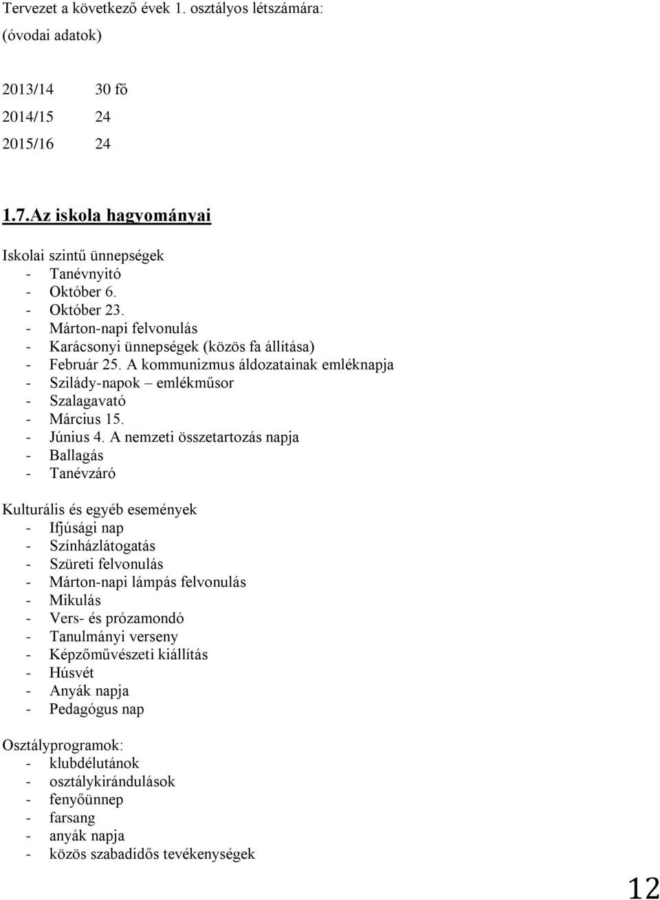 A nemzeti összetartozás napja - Ballagás - Tanévzáró Kulturális és egyéb események - Ifjúsági nap - Színházlátogatás - Szüreti felvonulás - Márton-napi lámpás felvonulás - Mikulás - Vers- és