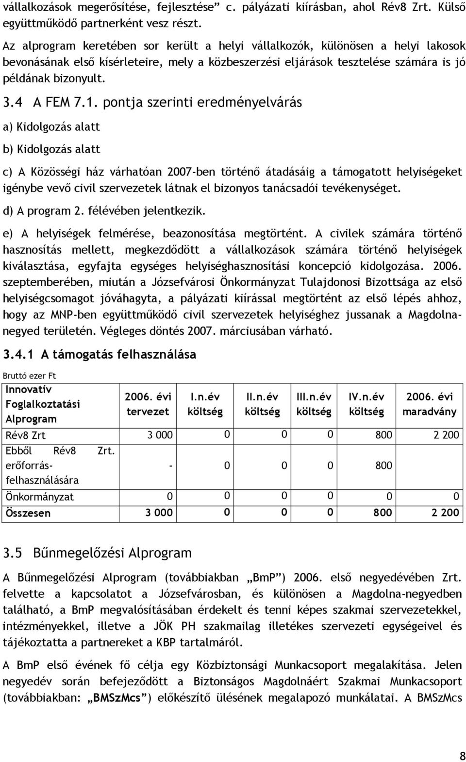 1. pontja szerinti eredményelvárás a) Kidolgozás alatt b) Kidolgozás alatt c) A Közösségi ház várhatóan 2007-ben történő átadásáig a támogatott helyiségeket igénybe vevő civil szervezetek látnak el