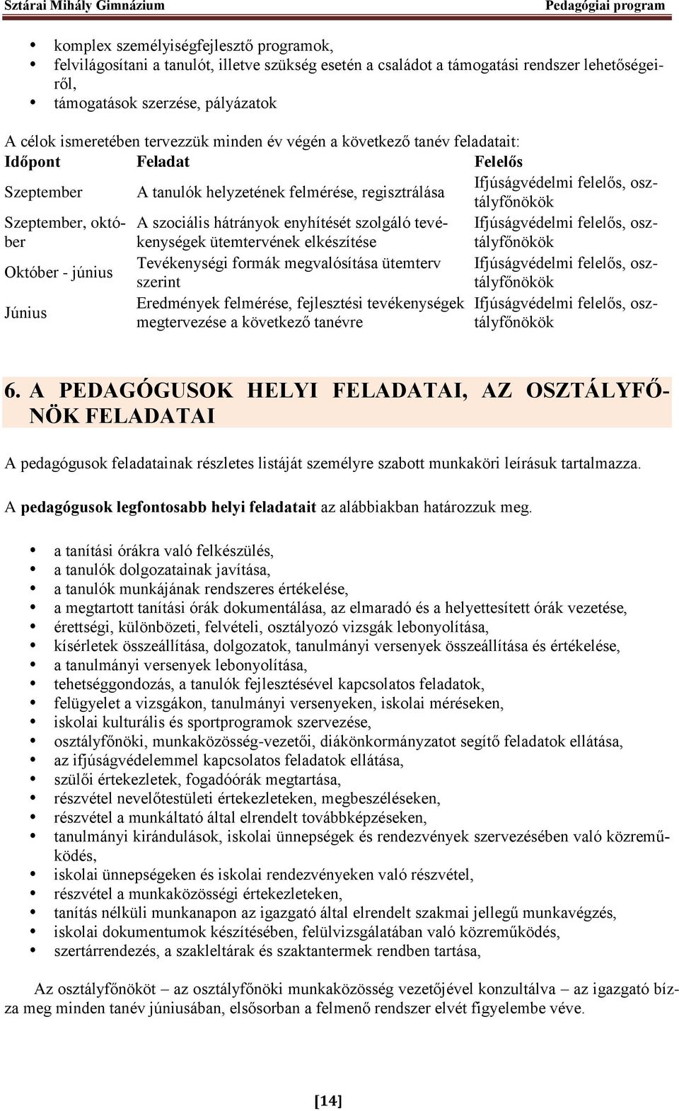 szociális hátrányok enyhítését szolgáló tevékenységek ütemtervének elkészítése Ifjúságvédelmi felelős, osztályfőnökök Október - június Tevékenységi formák megvalósítása ütemterv Ifjúságvédelmi