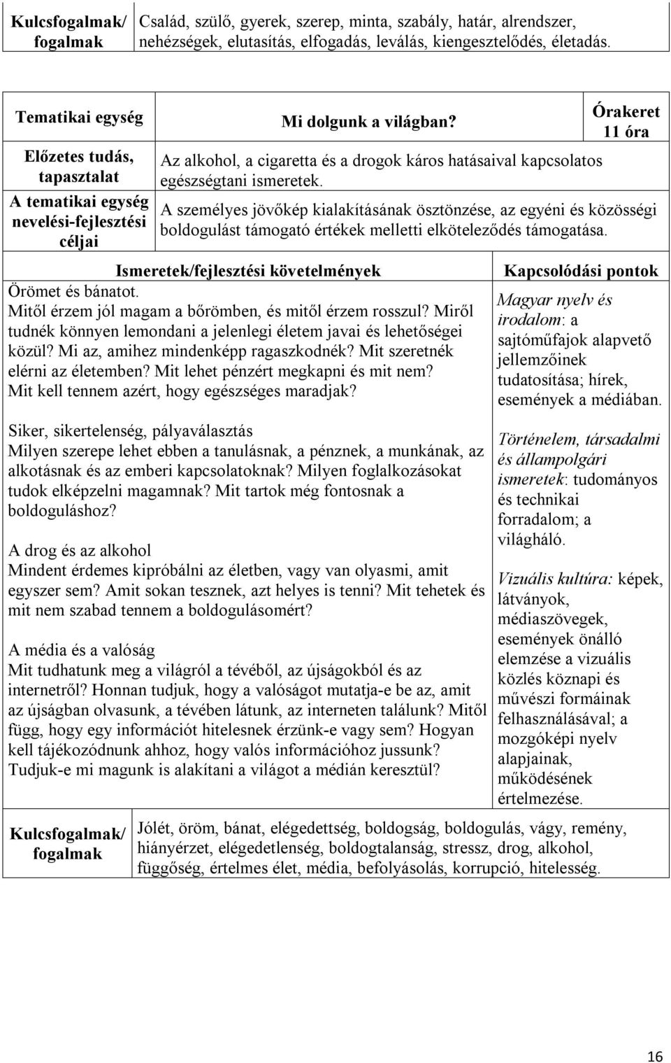 11 óra A személyes jövőkép kialakításának ösztönzése, az egyéni és közösségi boldogulást támogató értékek melletti elköteleződés támogatása. Örömet és bánatot.