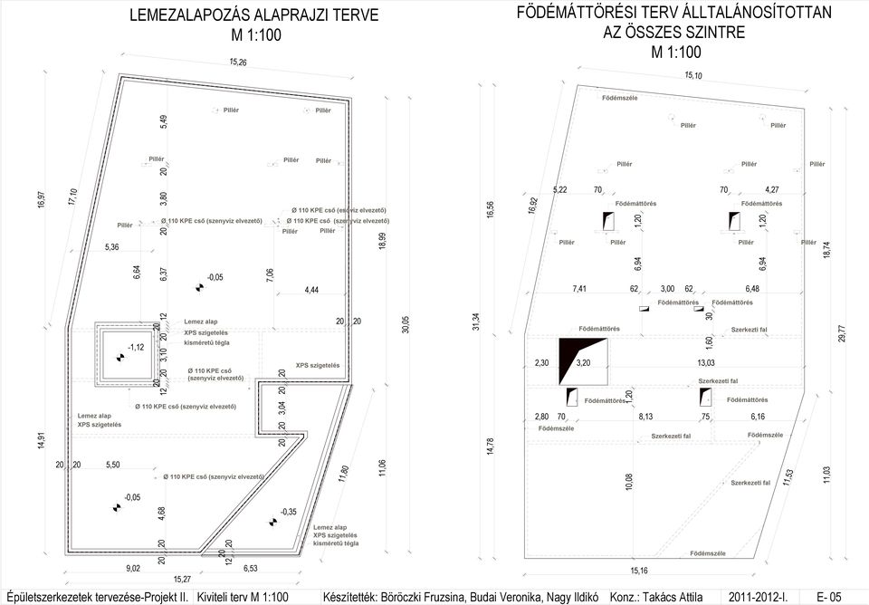 (szenyvíz elvezető) Ø KPE cső (szenyvíz elvezető) Pillér Pillér 5,36 Pillér Pillér Pillér Pillér -0,05 4,44 7,4 62 3,00 62 6,48 Födémáttörés Födémáttörés Lemez alap XPS szigetelés Födémáttörés