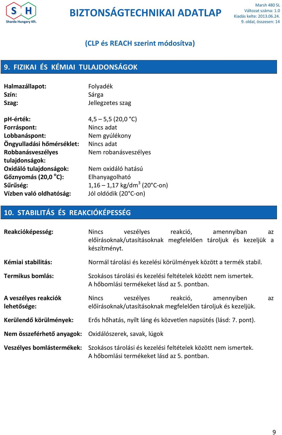 Nincs adat Robbanásveszélyes Nem robanásveszélyes tulajdonságok: Oxidáló tulajdonságok: Nem oxidáló hatású Gőznyomás (20,0 o C): Elhanyagolható Sűrűség: 1,16 1,17 kg/dm 3 (20 C-on) Vízben való