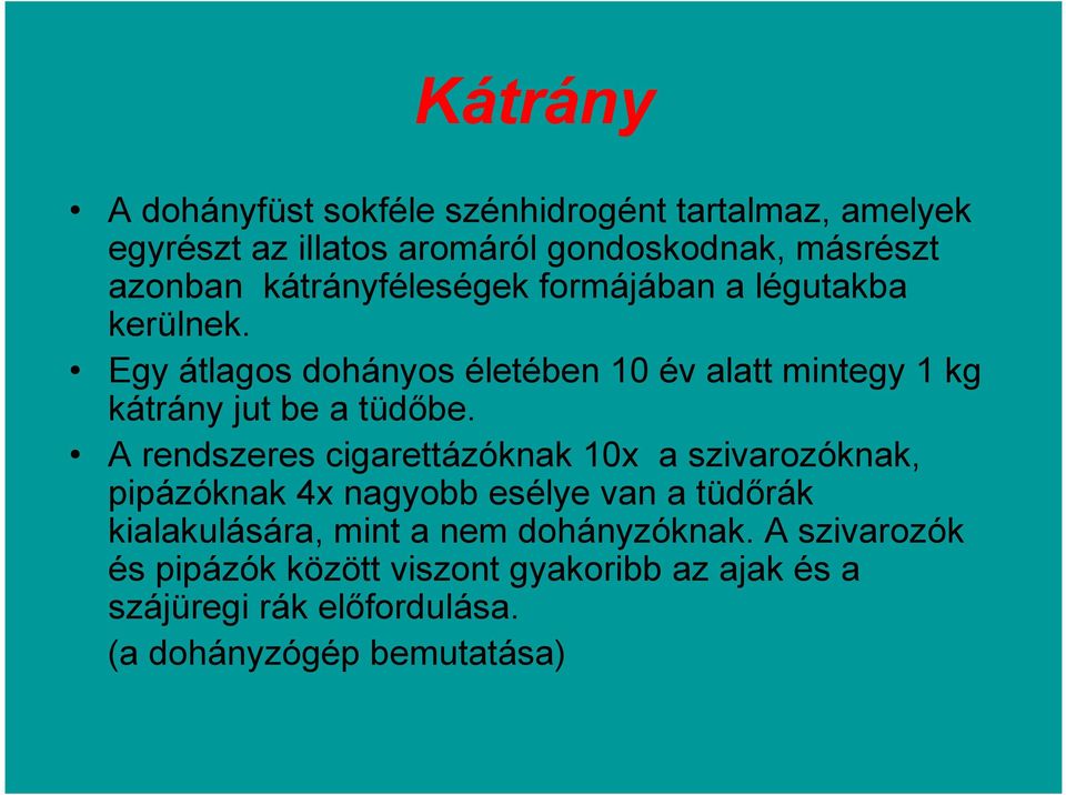 Egy átlagos dohányos életében 10 év alatt mintegy 1 kg kátrány jut be a tüdőbe.