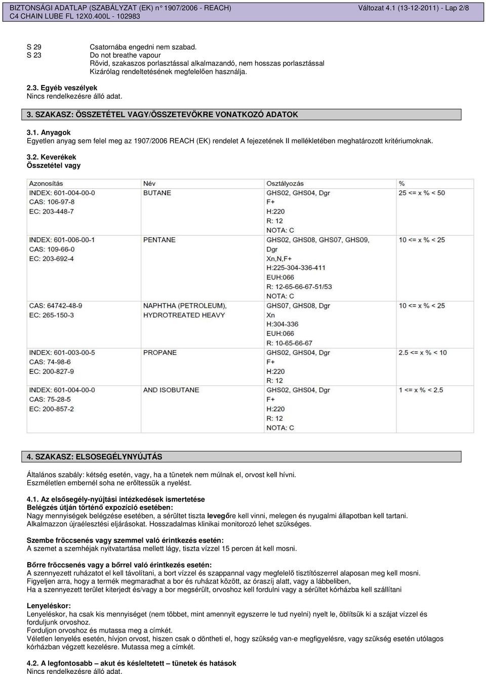 SZAKASZ: ÖSSZETÉTEL VAGY/ÖSSZETEVÖKRE VONATKOZÓ ADATOK 3.1. Anyagok Egyetlen anyag sem felel meg az 1907/2006 REACH (EK) rendelet A fejezetének II mellékletében meghatározott kritériumoknak. 3.2. Keverékek Összetétel vagy 4.