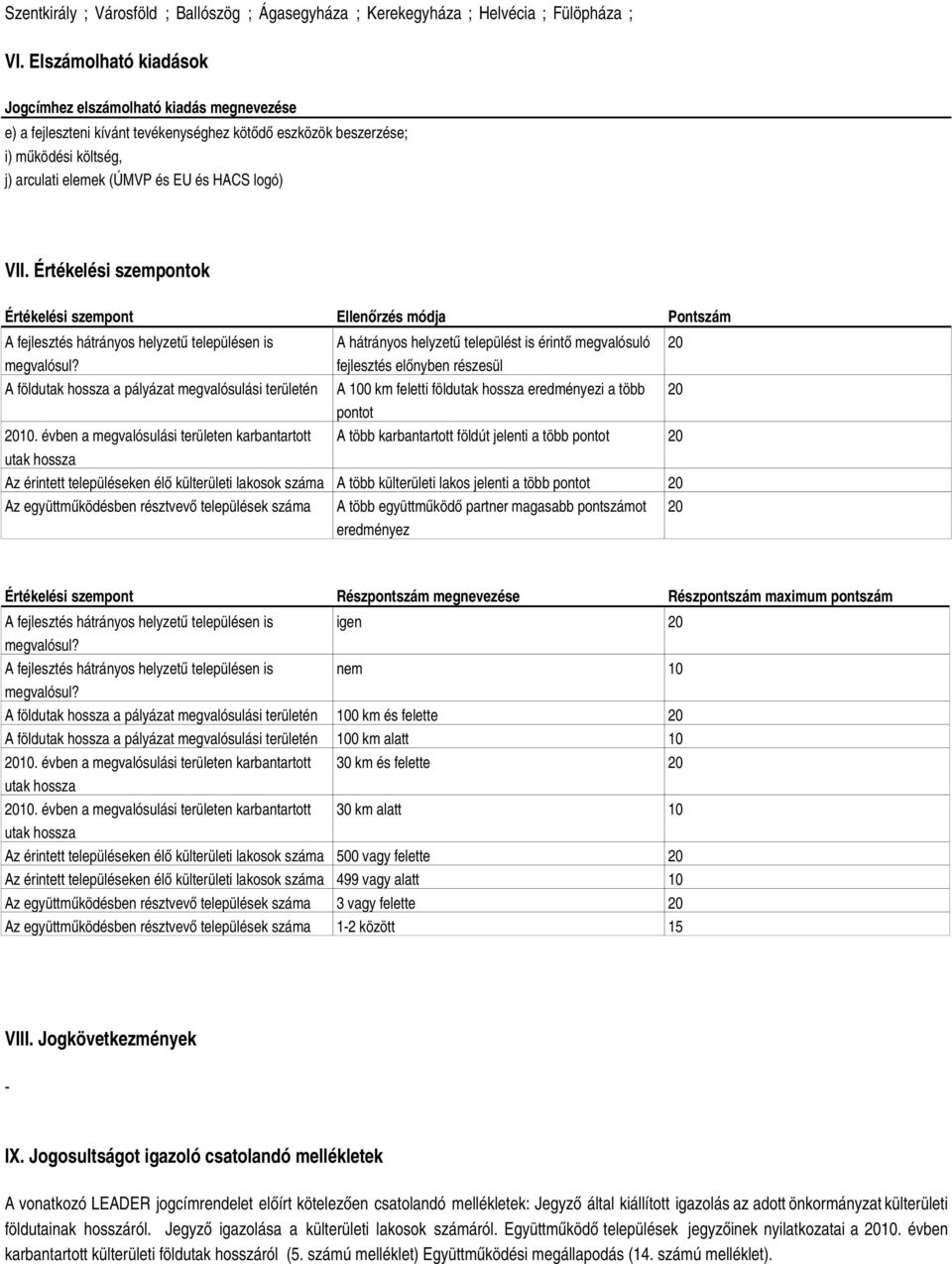 VII. Értékelési szempontok Értékelési szempont Ellenőrzés módja Pontszám A fejlesztés hátrányos helyzetű településen is megvalósul? A földutak hossza a pályázat megvalósulási területén 2010.