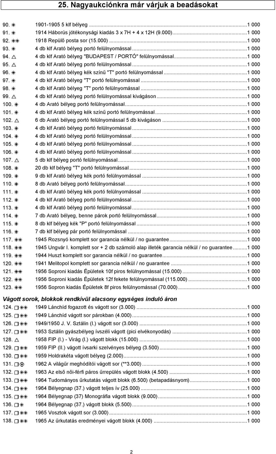 4 db klf Arató bélyeg kék színű "T" portó felülnyomással...1 000 97. 4 db klf Arató bélyeg "T" portó felülnyomással...1 000 98. 4 db klf Arató bélyeg "T" portó felülnyomással...1 000 99.