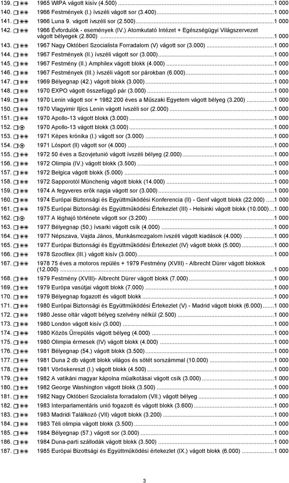 ) ívszéli vágott sor (3.000)...1 000 145. 1967 Festmény (II.) Amphilex vágott blokk (4.000)...1 000 146. 1967 Festmények (III.) ívszéli vágott sor párokban (6.000)...1 000 147. 1969 Bélyegnap (42.