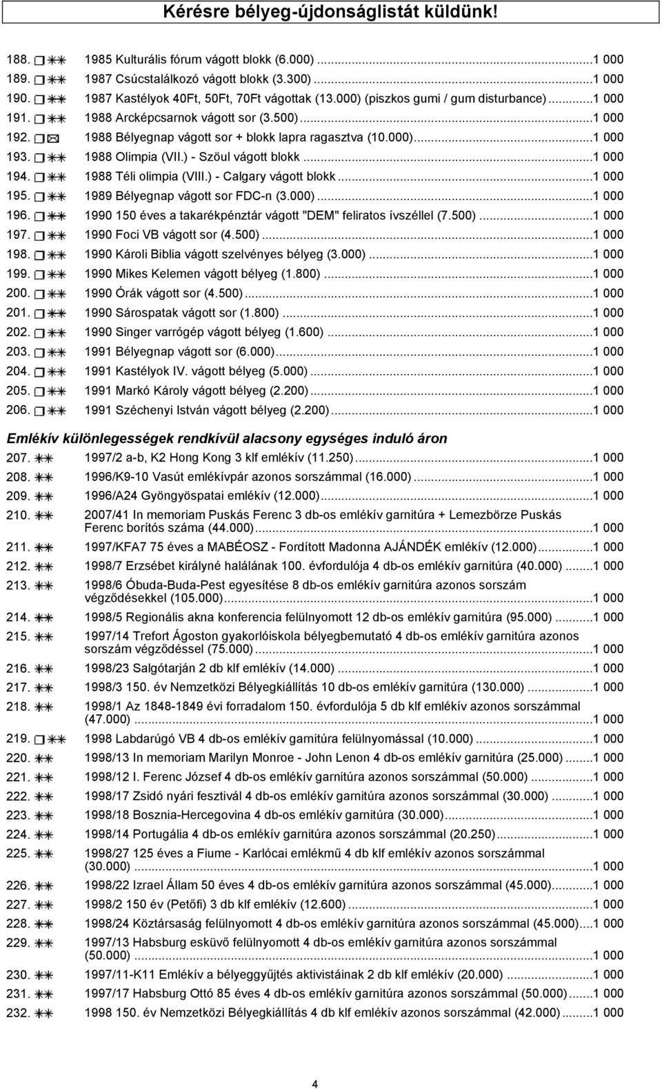 ) - Szöul vágott blokk...1 000 194. 1988 Téli olimpia (VIII.) - Calgary vágott blokk...1 000 195. 1989 Bélyegnap vágott sor FDC-n (3.000)...1 000 196.