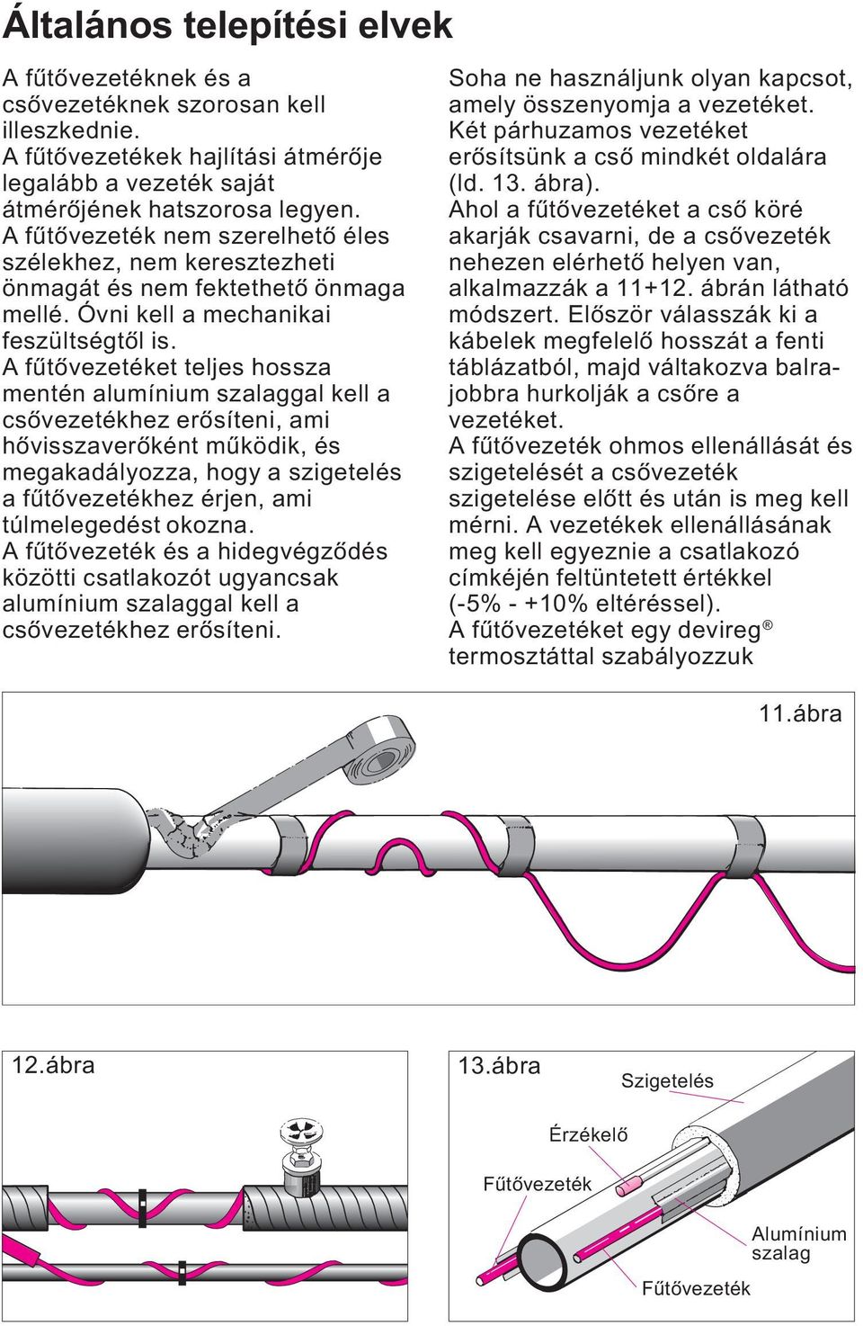 fûtôvezetéket teljes hossza mentén alumínium szalaggal kell a csôvezetékhez erôsíteni, ami hôvisszaverôként mûködik, és megakadályozza, hogy a szigetelés a fûtôvezetékhez érjen, ami túlmelegedést