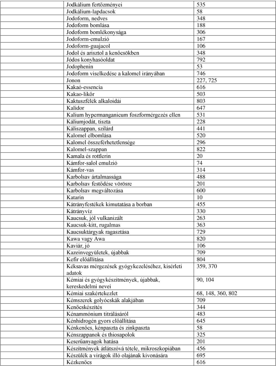 foszformérgezés ellen 531 Káliumjodát, tiszta 228 Káliszappan, szilárd 441 Kalomel elbomlása 520 Kalomel összeférhetetlensége 296 Kalomel-szappan 822 Kamala és rottlerin 20 Kámfor-salol emulzió 74