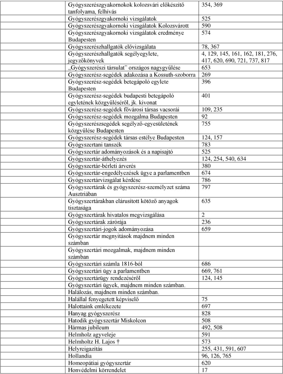 Gyógyszerészi társulat országos nagygyűlése 653 Gyógyszerész-segédek adakozása a Kossuth-szoborra 269 Gyógyszerész-segédek betegápoló egylete 396 Budapesten Gyógyszerész-segédek budapesti betegápoló