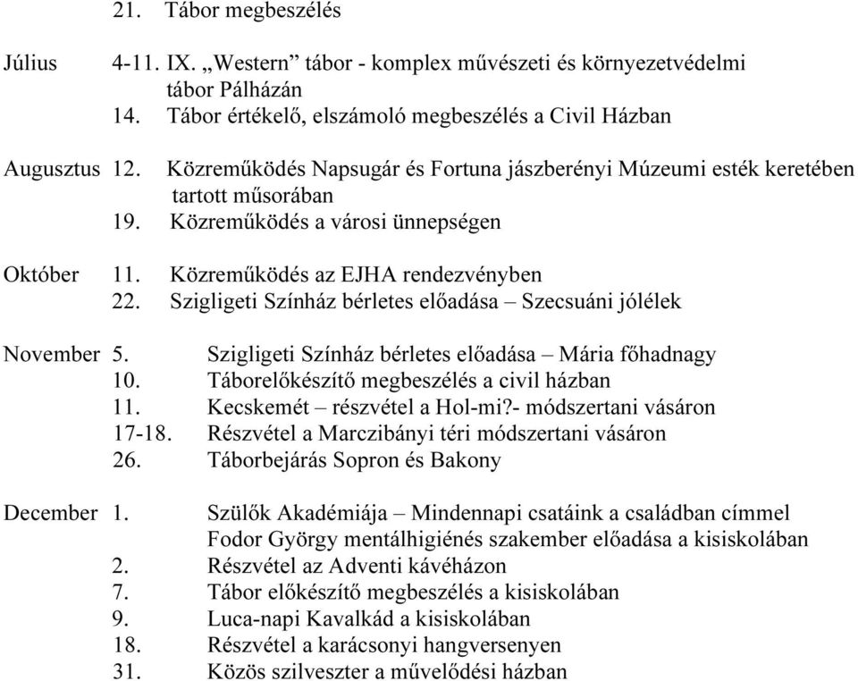 Szigligeti Színház bérletes elıadása Szecsuáni jólélek November 5. Szigligeti Színház bérletes elıadása Mária fıhadnagy 10. Táborelıkészítı megbeszélés a civil házban 11. Kecskemét részvétel a Hol-mi?