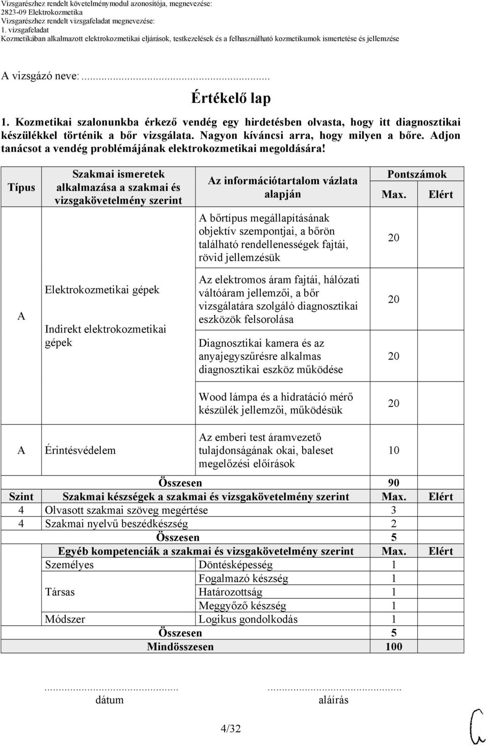 Elért bőrtípus megállapításának objektív szempontjai, a bőrön található rendellenességek fajtái, rövid jellemzésük Elektrokozmetikai gépek Indirekt elektrokozmetikai gépek z elektromos áram fajtái,