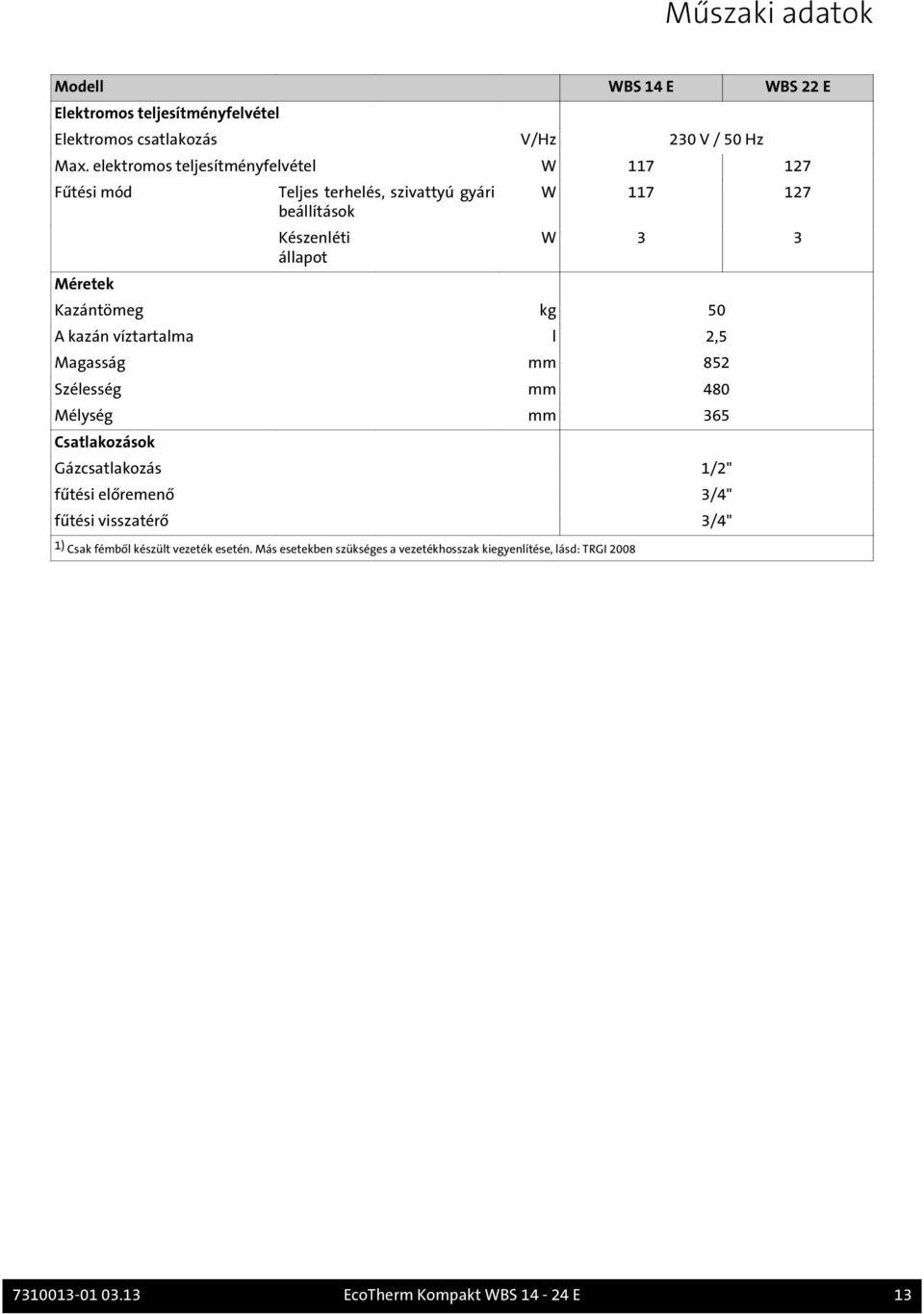 Kazántömeg kg 50 A kazán víztartalma l 2,5 Magasság mm 852 Szélesség mm 480 Mélység mm 365 Csatlakozások Gázcsatlakozás 1/2" fűtési előremenő 3/4"