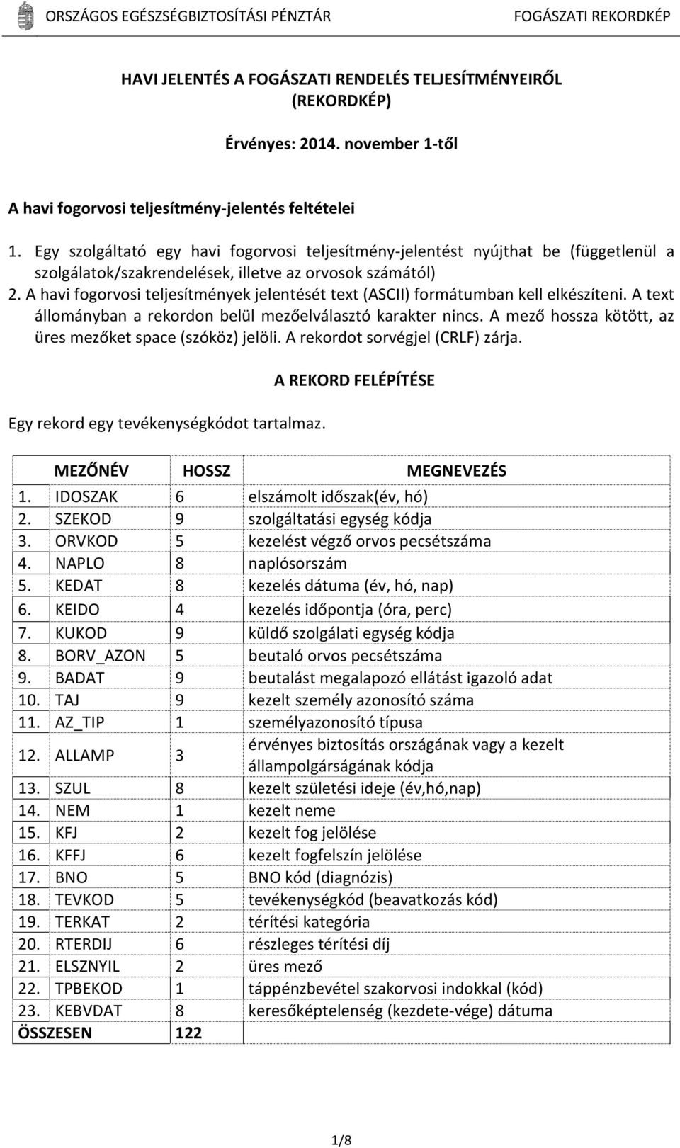 A havi fogorvosi teljesítmények jelentését text (ASCII) formátumban kell elkészíteni. A text állományban a rekordon belül mezőelválasztó karakter nincs.