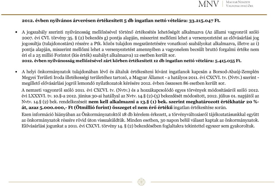 (2) bekezdés g) pontja alapján, miszerint mellőzni lehet a versenyeztetést az elővásárlási jog jogosultja (tulajdonostárs) részére a Ptk.