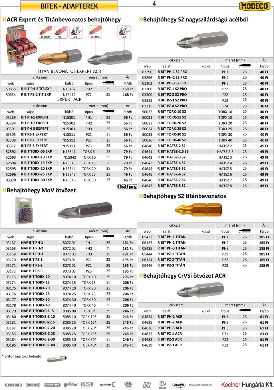 EXP N15412 PZ2 25 168 Ft 03309 R BIT PZ 2 S2 PRO PZ2 25 40 Ft EXPERT ACR 03313 R BIT PZ 3 S2 PRO PZ3 25 40 Ft 03315 R BIT PZ 4 S2 PRO PZ4 25 36 Ft web saját külső típus Ft/db 50022 R BIT TORX 10 S2