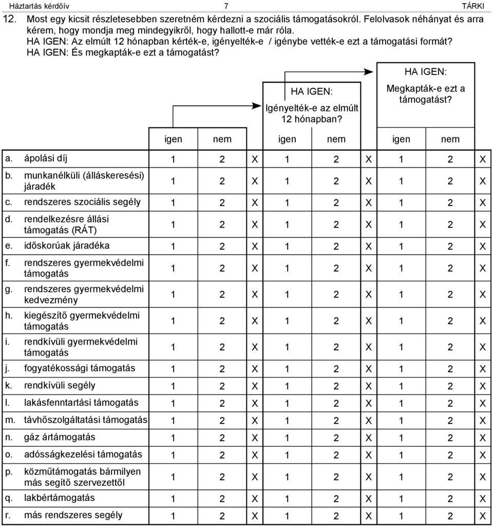 HA IGEN: Megkapták-e ezt a támogatást? igen nem igen nem igen nem a. ápolási díj X X X b. munkanélküli (álláskeresési) járadék X X X c. rendszeres szociális segély X X X d.