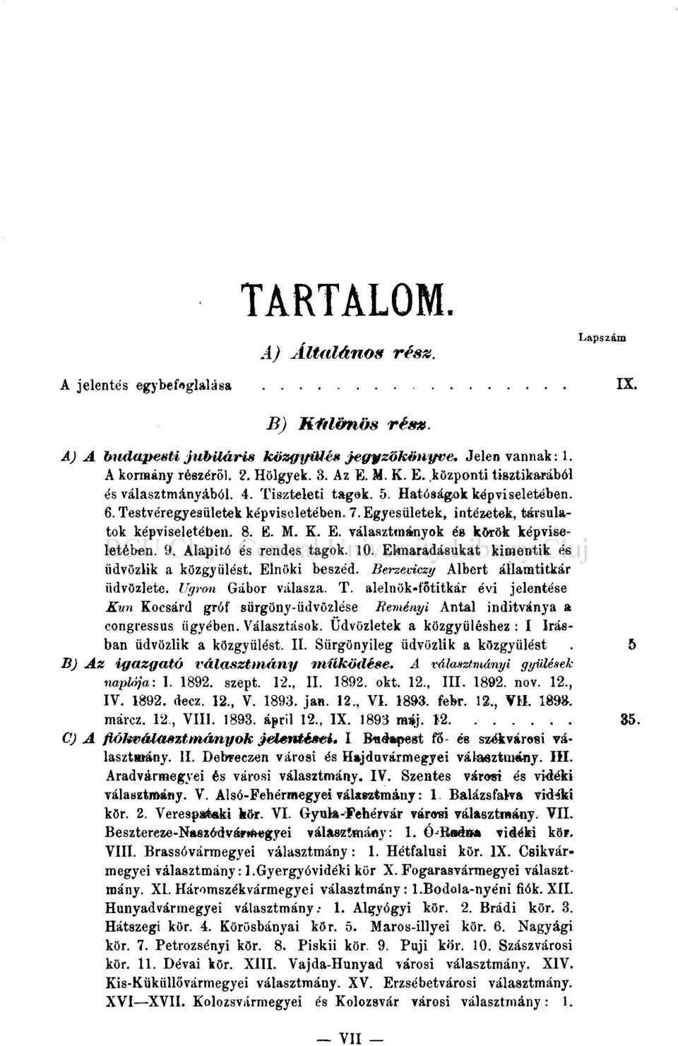 K. E. választmányok és körök képviseletében. 9. Alapító és rendes tagok. 10. Elmaradásukat kimentik és üdvözlik a közgyűlést. Elnöki beszéd. Berzeviczy Albert államtitkár üdvözlete.