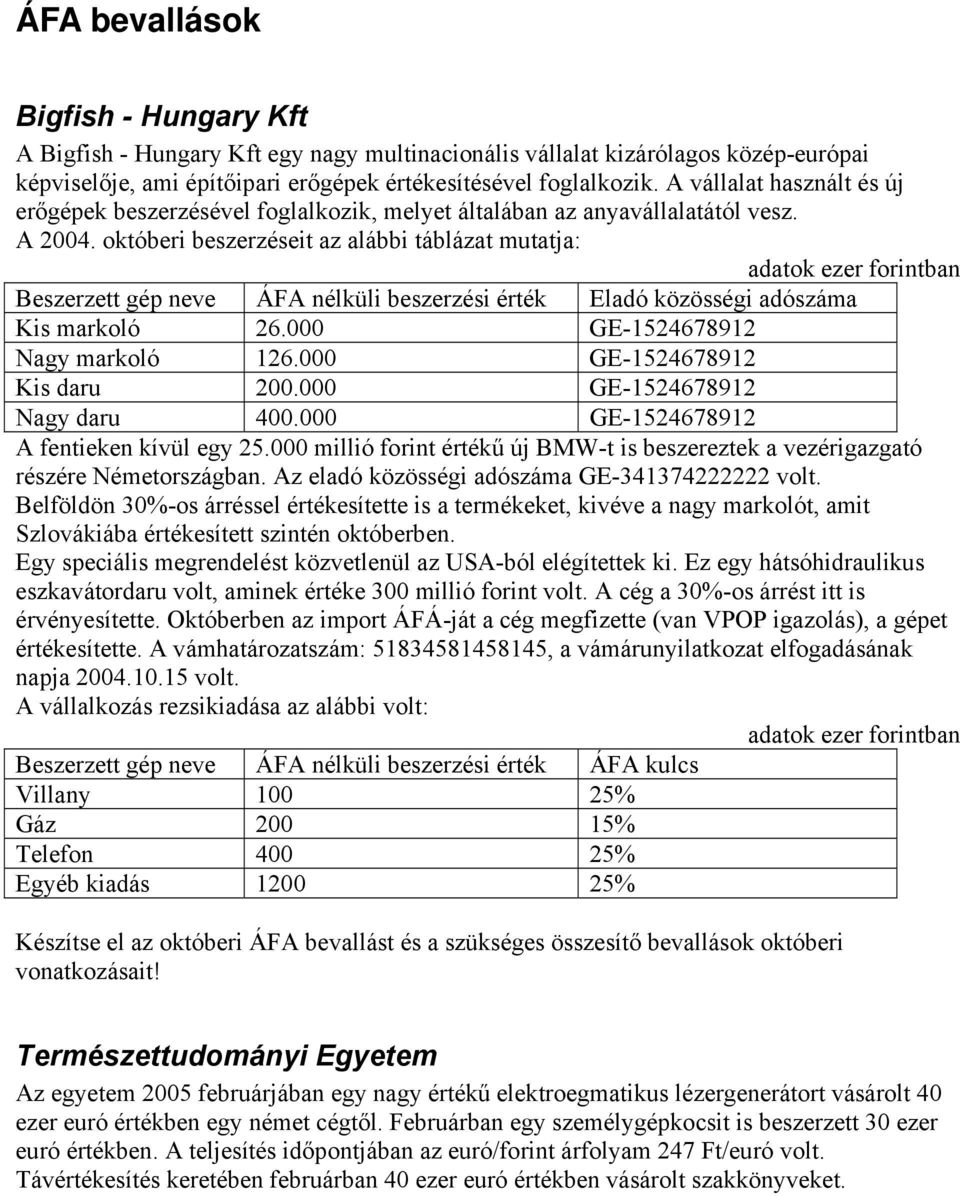 októberi beszerzéseit az alábbi táblázat mutatja: adatok ezer forintban Beszerzett gép neve ÁFA nélküli beszerzési érték Eladó közösségi adószáma Kis markoló 26.000 GE-1524678912 Nagy markoló 126.