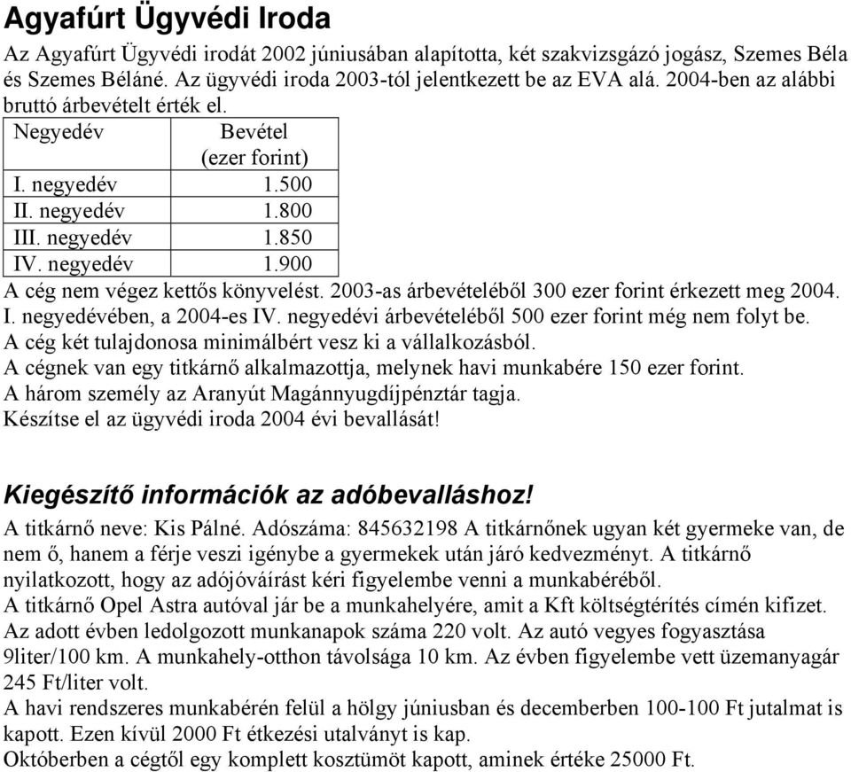 2003-as árbevételéből 300 ezer forint érkezett meg 2004. I. negyedévében, a 2004-es IV. negyedévi árbevételéből 500 ezer forint még nem folyt be.