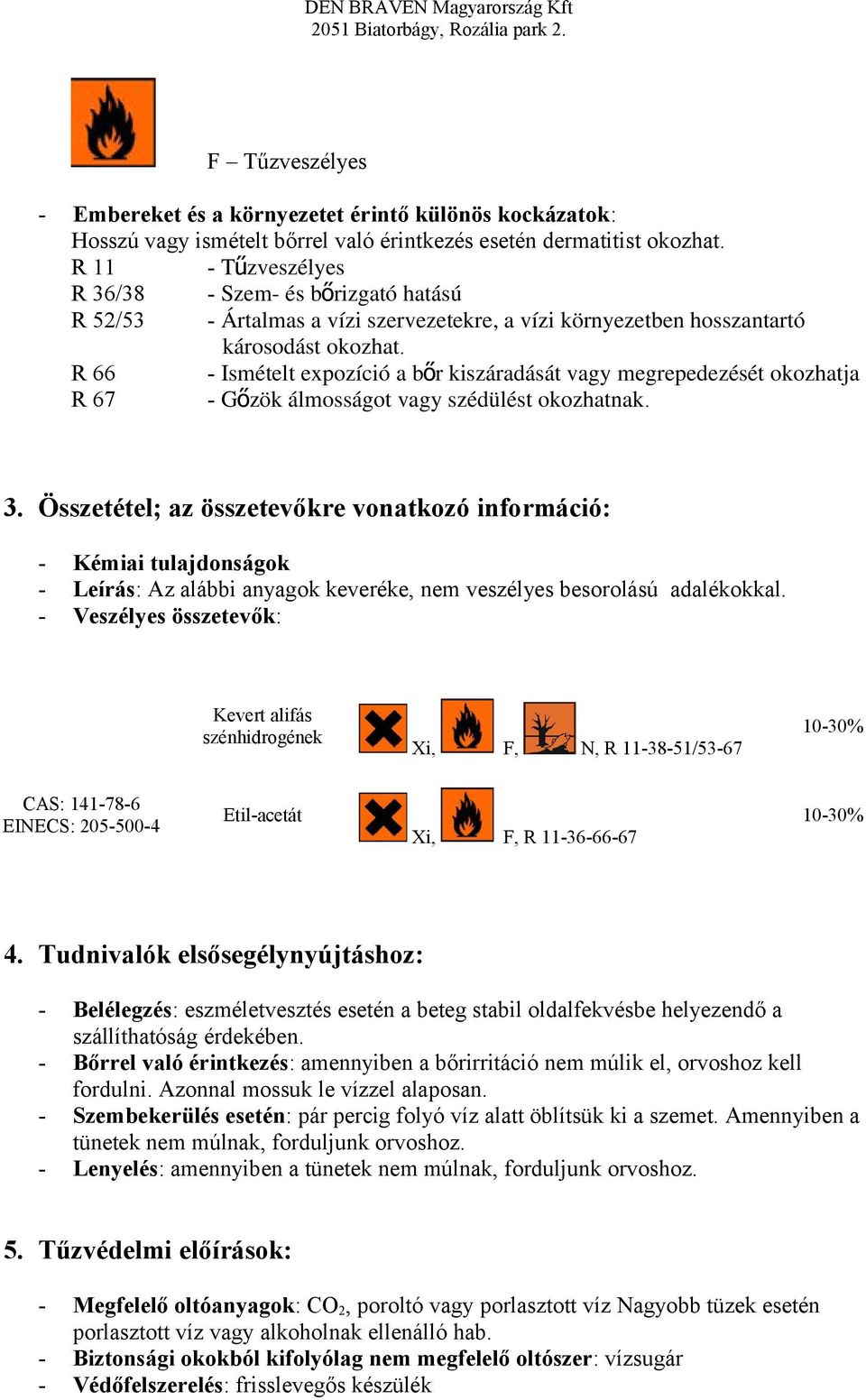 R 66 - Ismételt expozíció a bőr kiszáradását vagy megrepedezését okozhatja R 67 - Gő zök álmosságot vagy szédülést okozhatnak. 3.