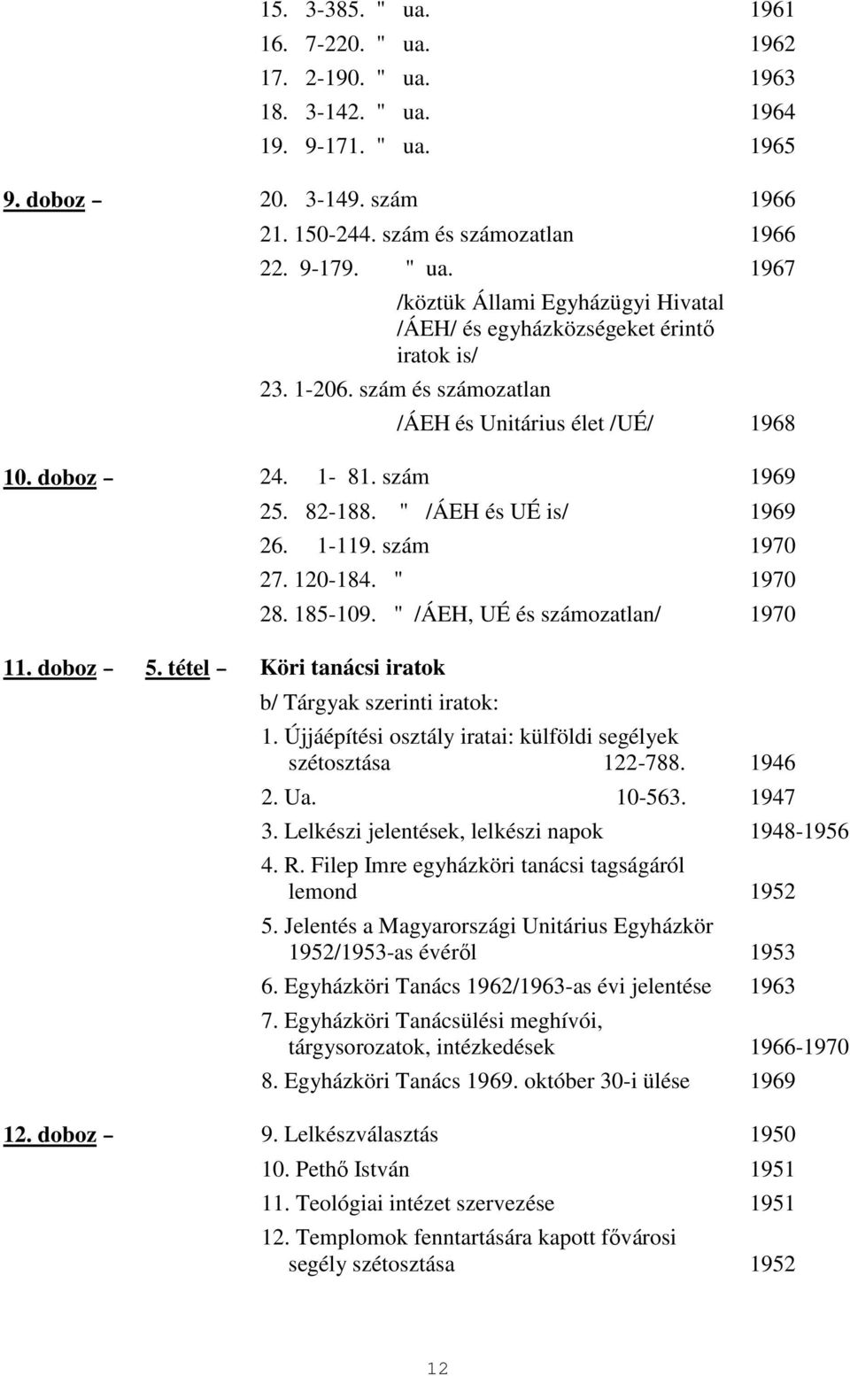 120-184. " 1970 28. 185-109. " /ÁEH, UÉ és számozatlan/ 1970 b/ Tárgyak szerinti iratok: 1. Újjáépítési osztály iratai: külföldi segélyek szétosztása 122-788. 1946 2. Ua. 10-563. 1947 3.