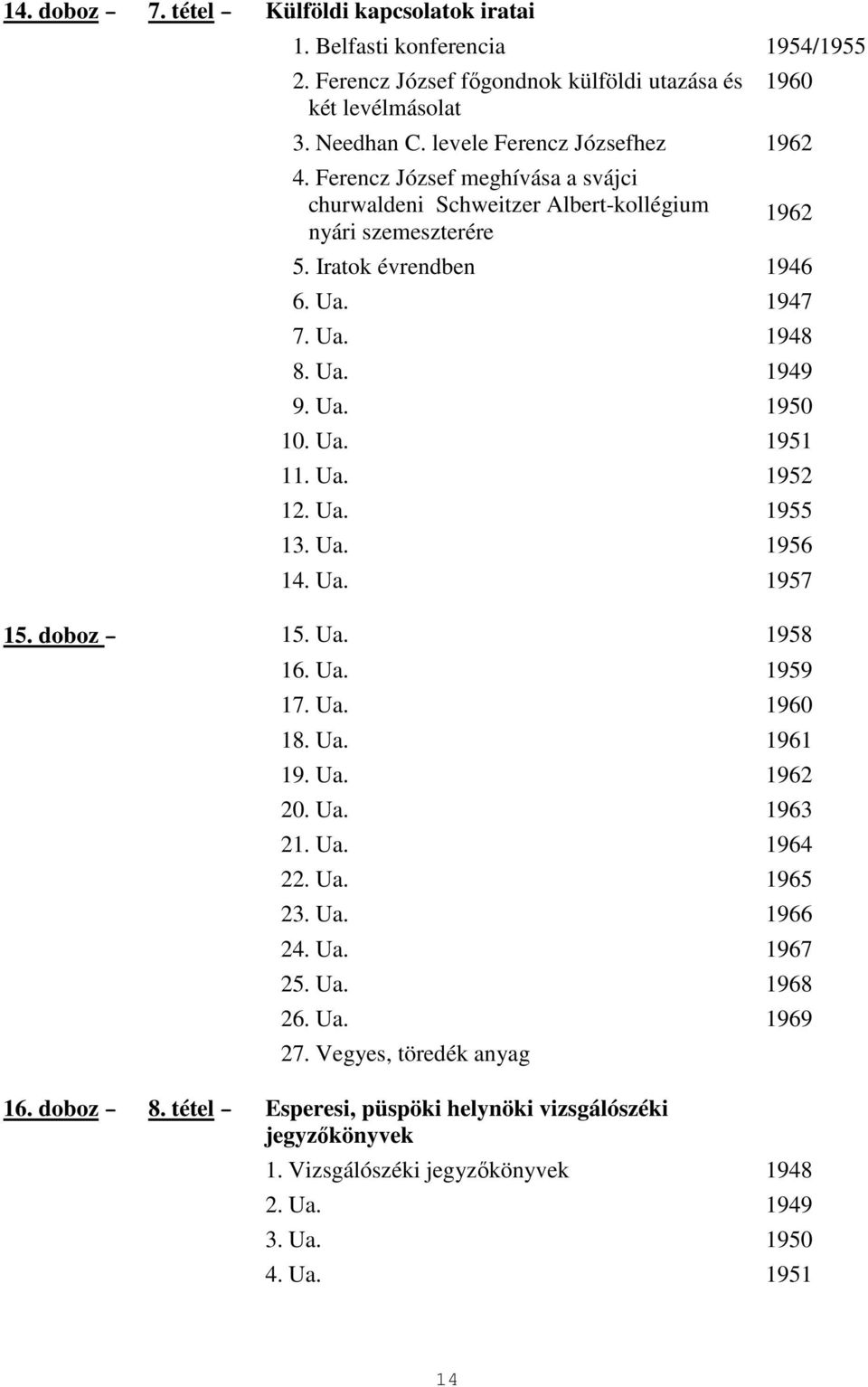 Ua. 1950 10. Ua. 1951 11. Ua. 1952 12. Ua. 1955 13. Ua. 1956 14. Ua. 1957 15. doboz 15. Ua. 1958 16. Ua. 1959 17. Ua. 1960 18. Ua. 1961 19. Ua. 1962 20. Ua. 1963 21. Ua. 1964 22. Ua. 1965 23.